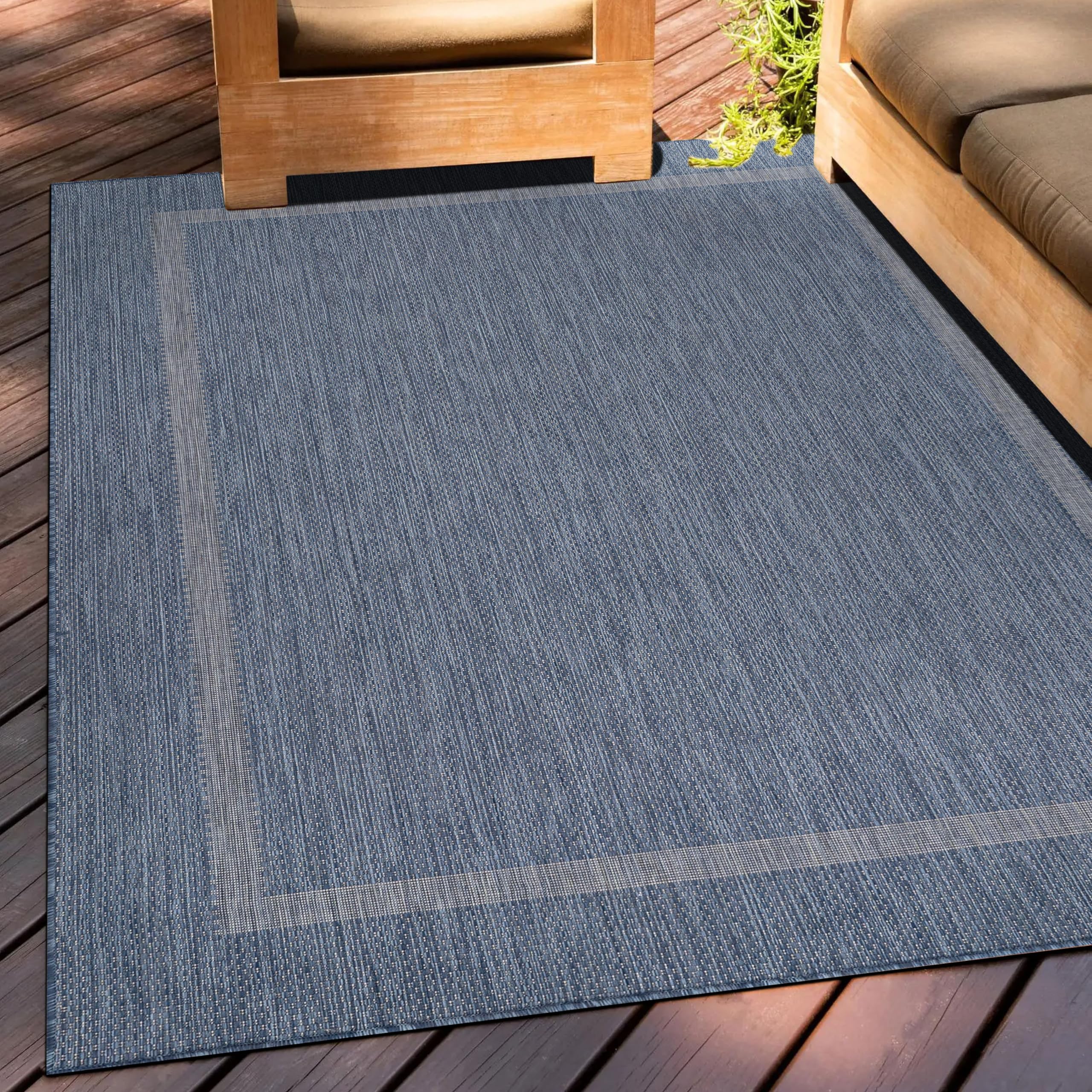 Teppium Outdoor Teppich Wetterfest 140 x 200 cm Blau Sisal Optik - Küchenteppich Waschbar rutschfest, Wasserfest, Bordüre, Pflegeleicht - Ideal für Balkon, Terassen, Garten, Camping oder Küche