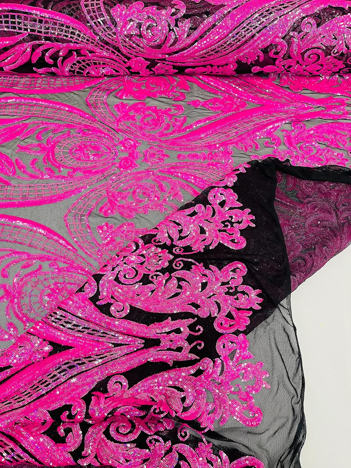 New Creations Fabric & Foam Inc, Empire Damask Design with Sequins Embroider On A 4 Way Stretch Mesh Fabric (1 Yard, Hot Pink Hologram on Black Mesh)