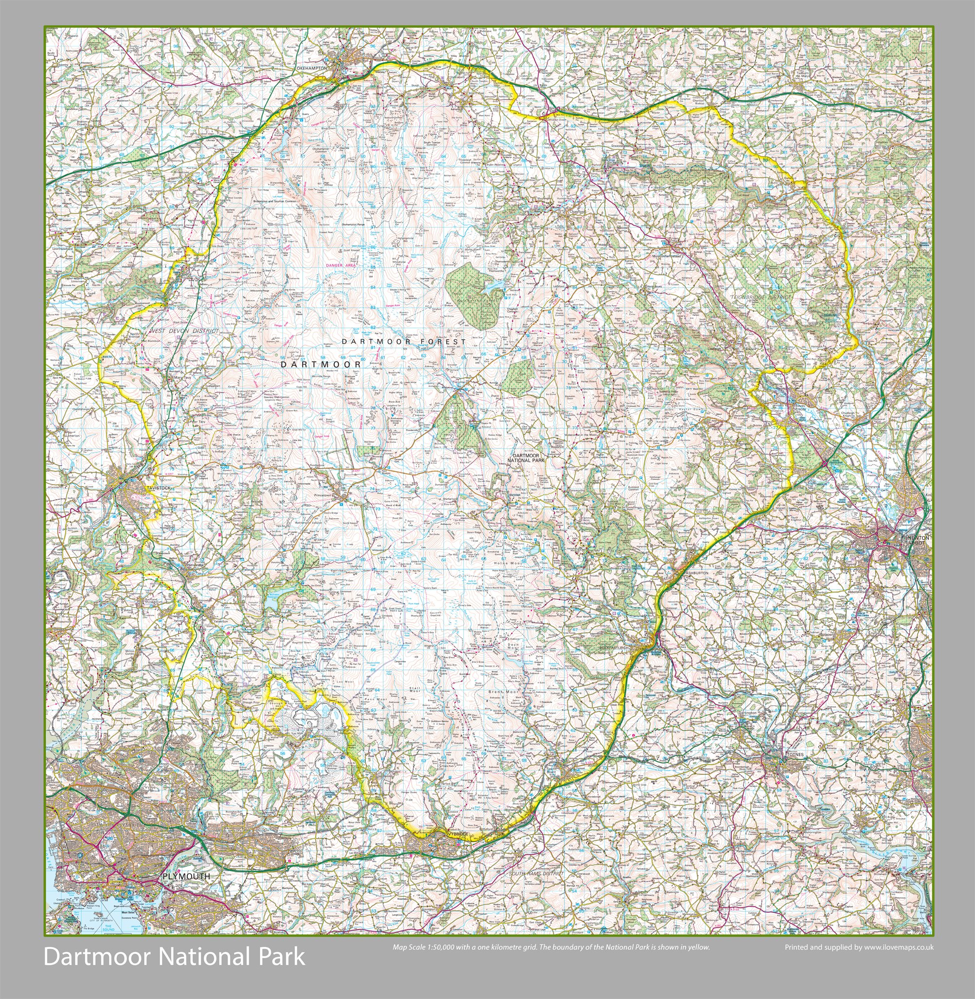 Dartmoor National Park Map - Paper Laminated - Size 80 x 82 cm (APPROX)