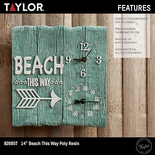 Miniatura 5 de Taylor Precision Products, Beach This Way - Reloj y termómetro de poliresina para interiores y exteriores, 14 pulgadas, multicolor