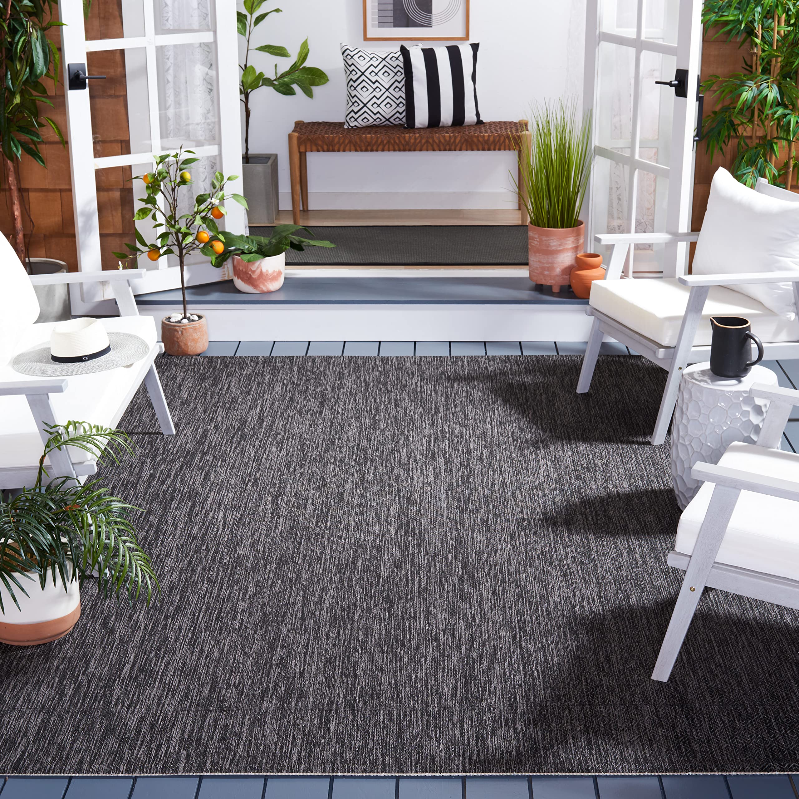 SAFAVIEH Washable Rug Outdoor Courtyard Collection - 6'7" Square, Black & Grey, Non-Shedding & Easy Cleaning, Ideal for Patio, Backyard, Mudroom (