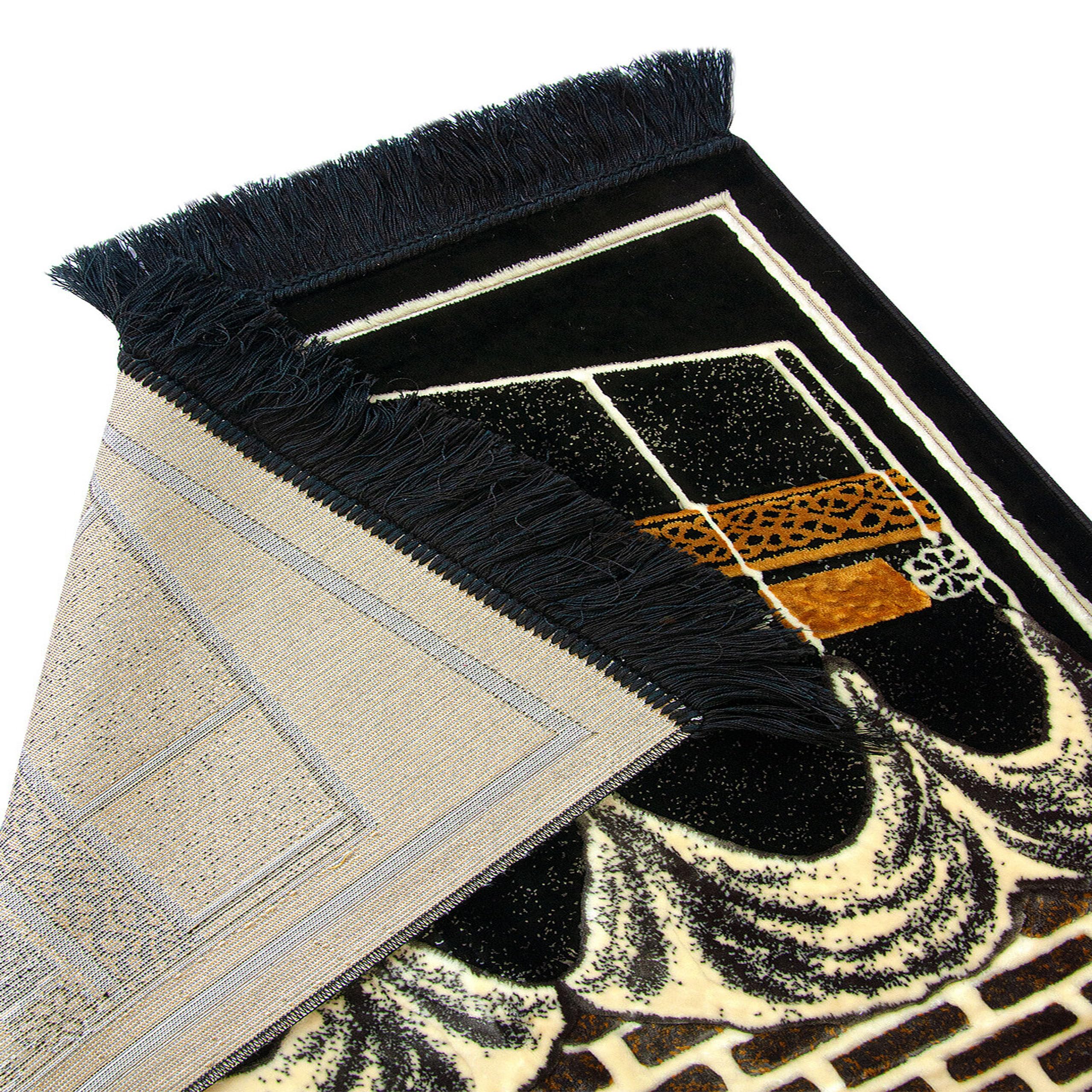 Teppich-Traum Tapis de prière avec motif architectural, surface douce, franges décoratives, facile d'entretien, pour salle de prière, salon, noir, or, beige, 70 x 115 cm