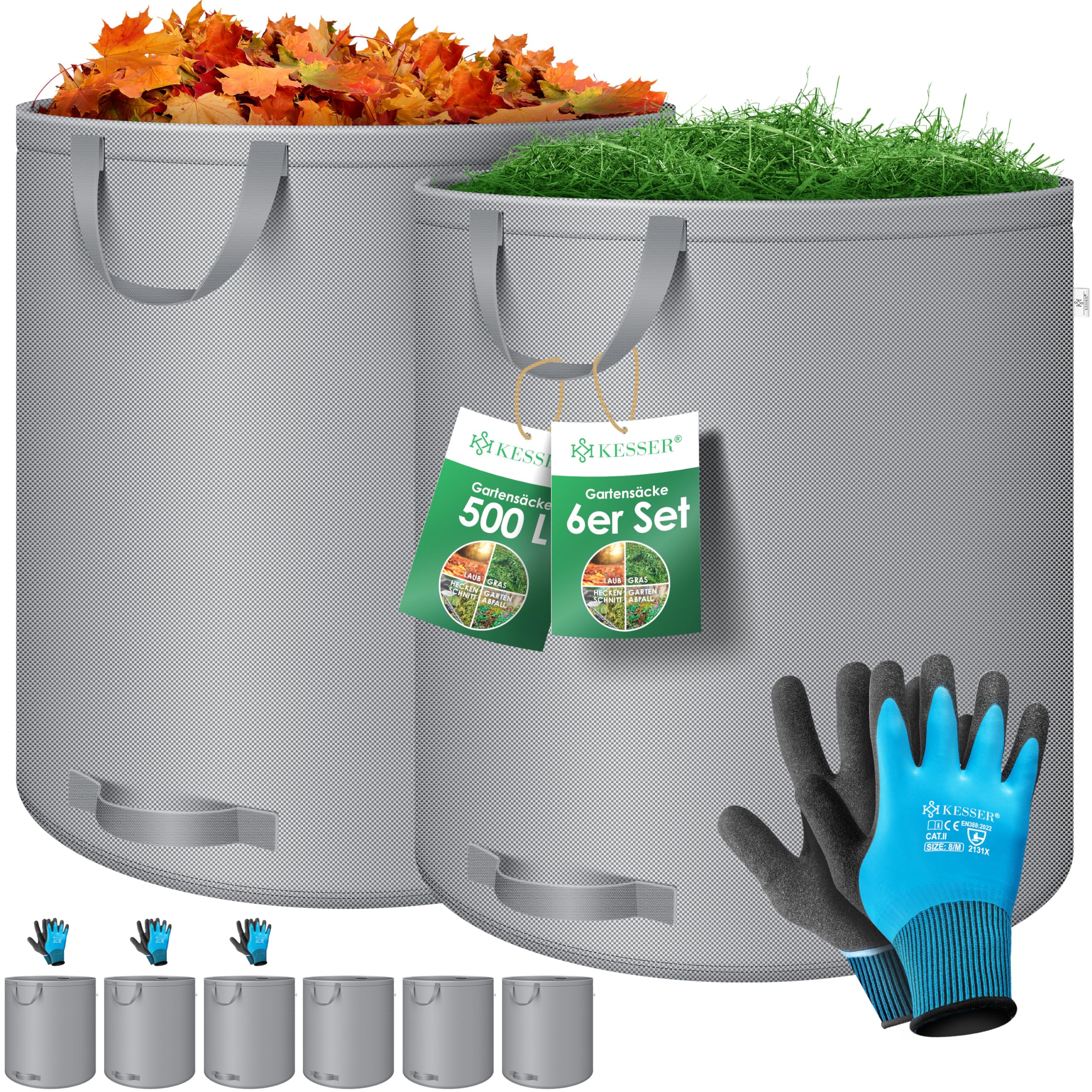 KESSER® Gartensack 6x 500L Set Laubsack Gartenabfallsack inkl. Handschuhe - Selbststehend 4 Griffe Stabil Robust & Faltbar - Laubsäcke Rasenschnitt Gartensäcke für Gartenabfälle Grünschnitt Grau