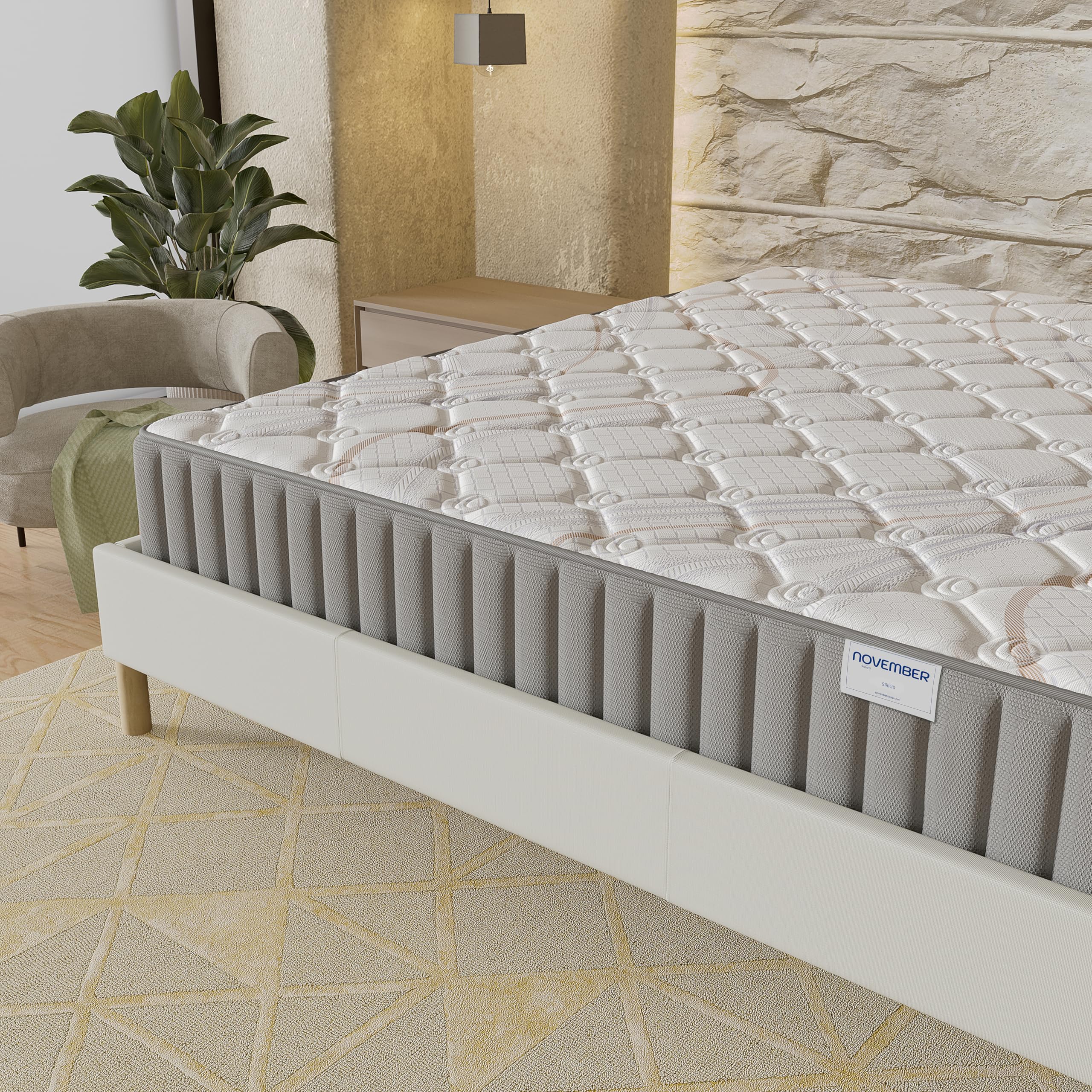 NOVEMBER- Ensemble Matelas + sommier (120 x 190cm) - Matelas Sirius Latex Naturel & Mousse Haute Densité d’épaisseur 16cm + Sommier Bois Stable & Robuste revêtement Tissu Blanc