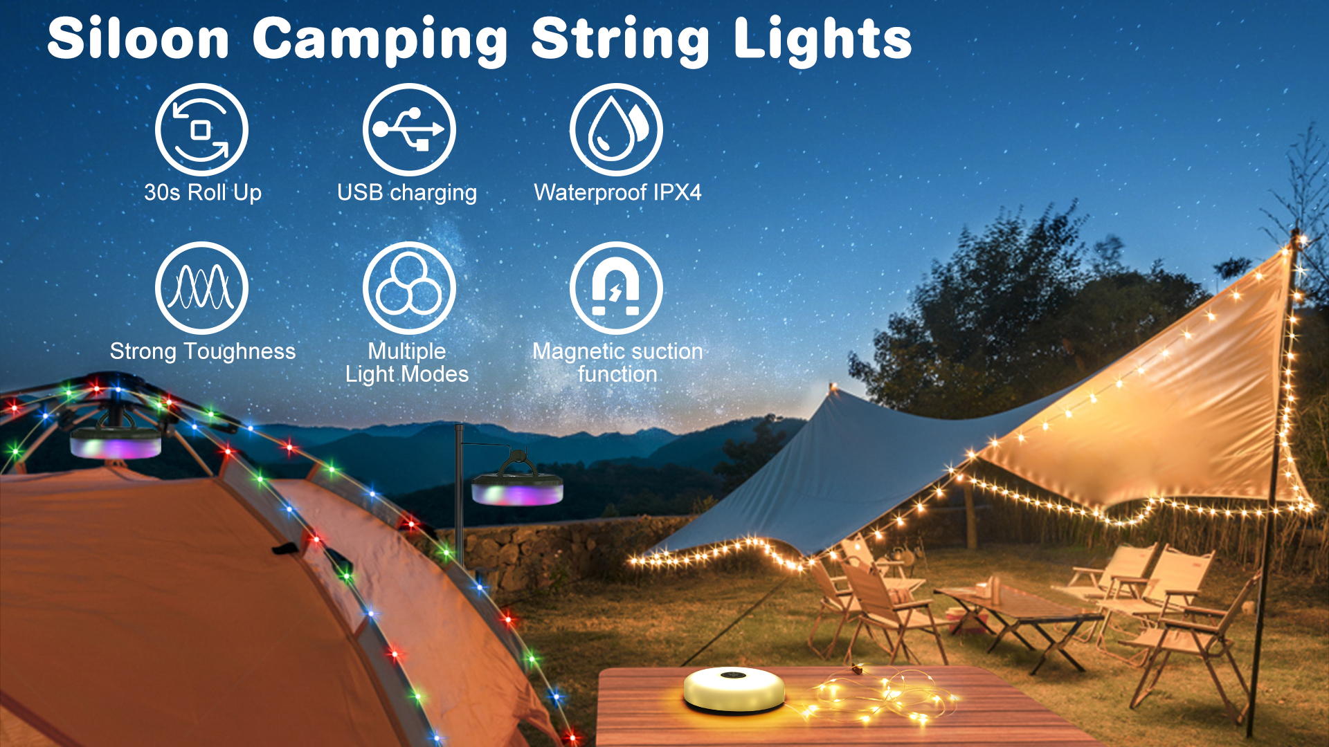 Lancoon LED Camping-Lichterkette – Wiederaufladbar, 6 Modi, Wasserdicht, Mit Power-Anzeige