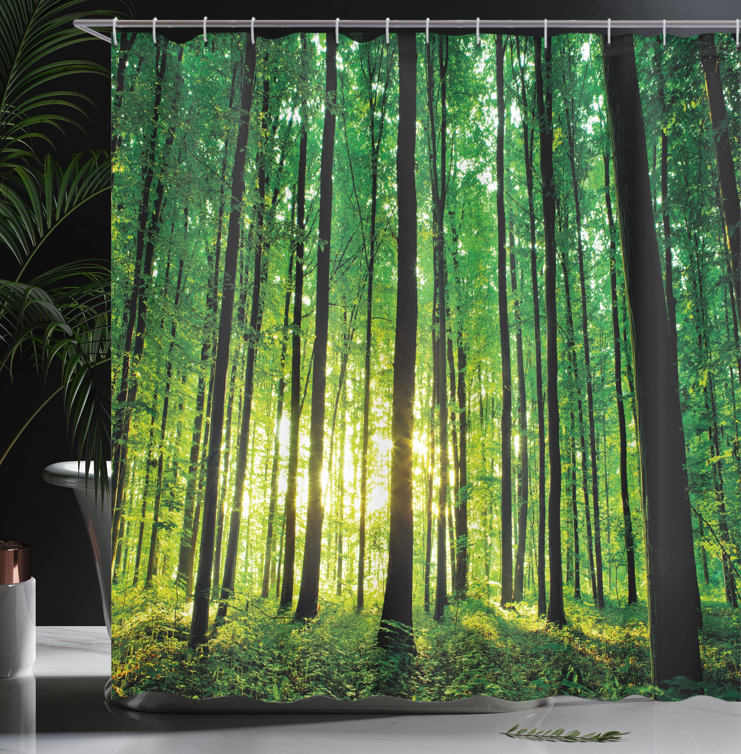 ABAKUHAUS Forest Shower Curtain, Green Woodland at Sunrise Scenic Morning Nature Environment Ecology Serenity - Image 3