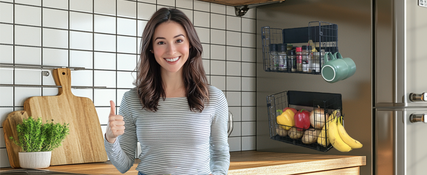 Corbeille à Fruits Magnétique 2 En 1 Sans Perçage - Étagère à épices Incluse - Rangement Suspendu Pour Cuisine - 4