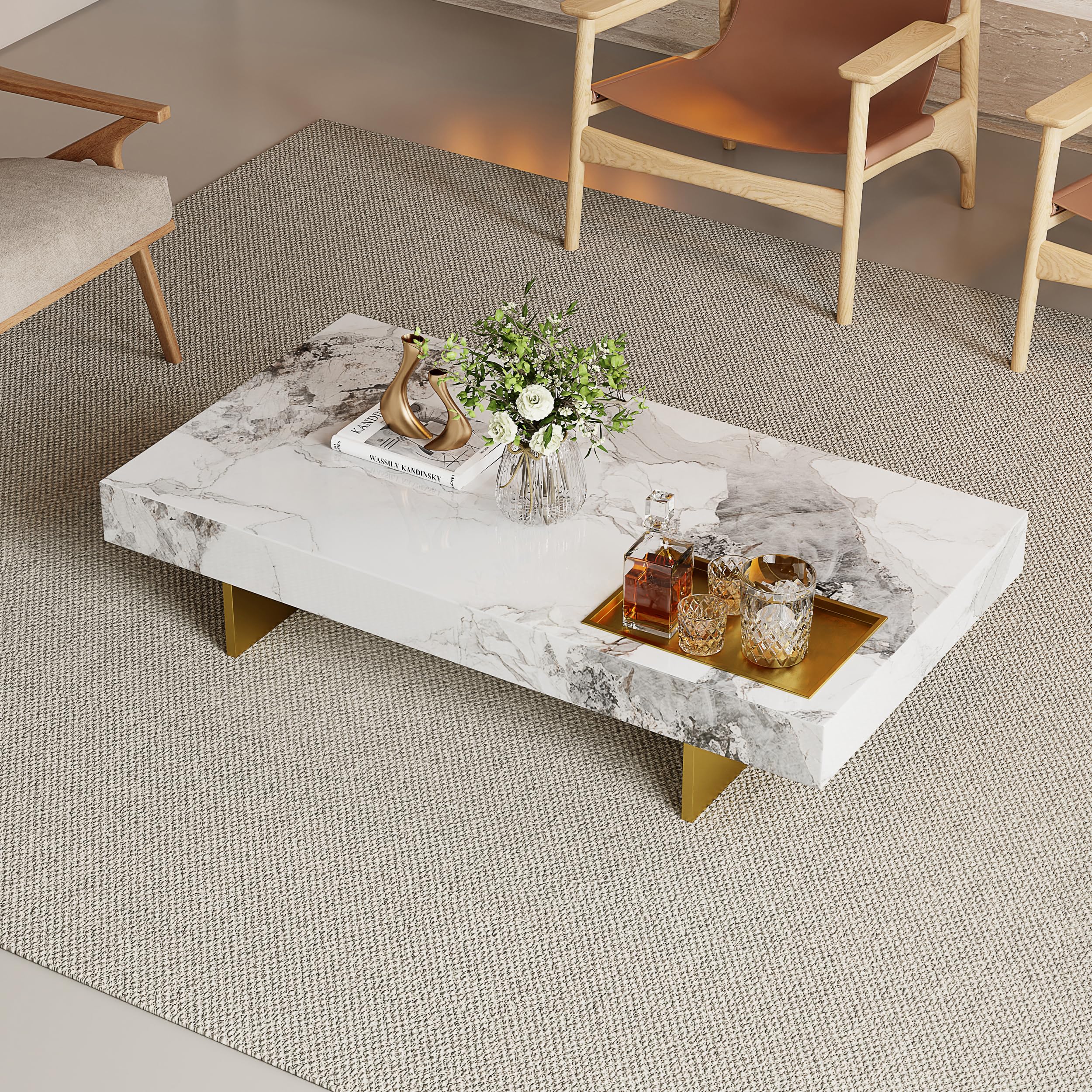 Modern Coffee Table for Living Room, 51.2" L arge Rectangle Living Room Table Sintered Stone Tabletop with Gold Stainless Steel Legs, Center Table for