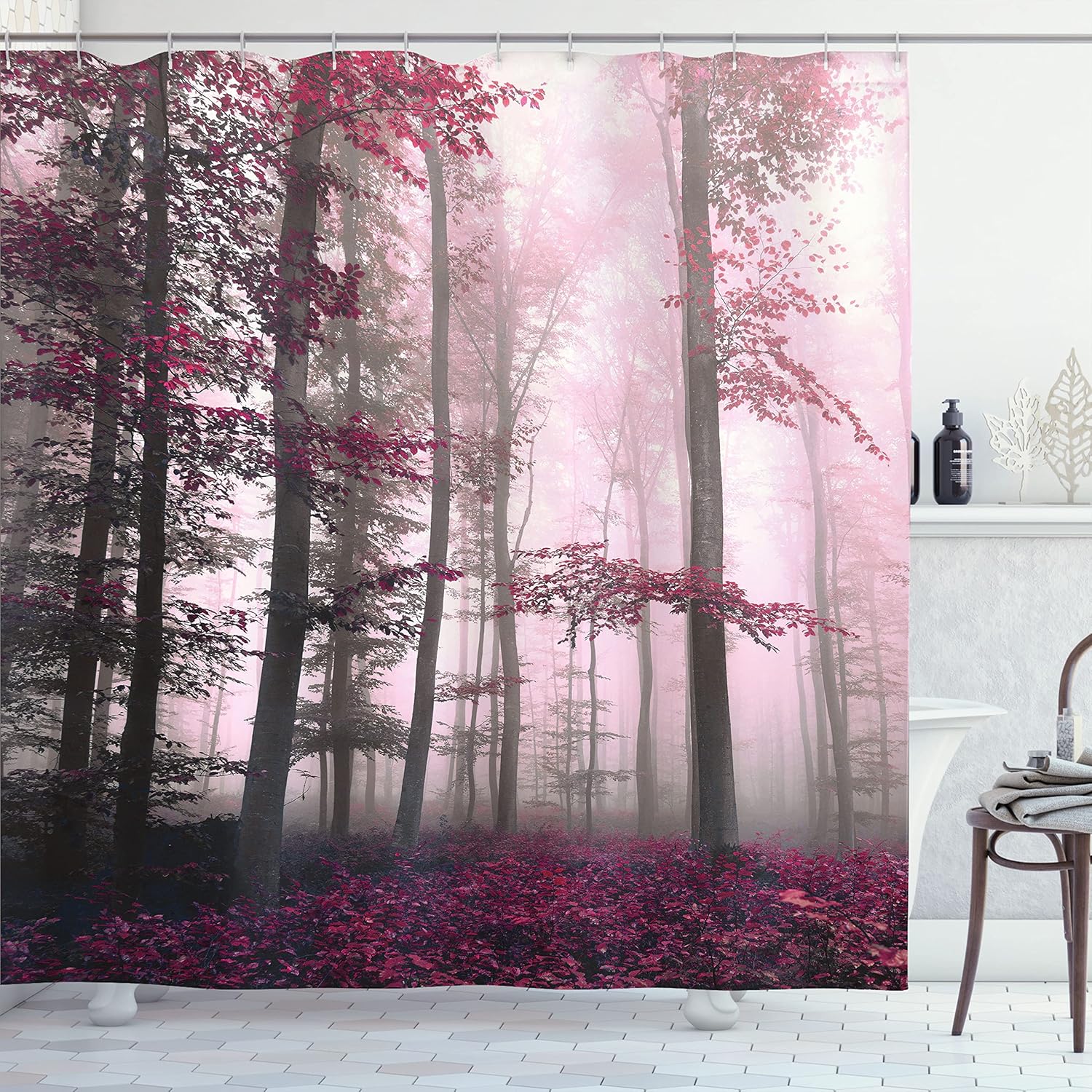 Ambesonne Forest Shower Curtain, Autumn Season Mystic Foggy Fall Nature and Enchanted Woods Wild Trees Print, Cloth Fabric Bathroom Decor Set with Hooks, 69" W x 70" L, Magenta White