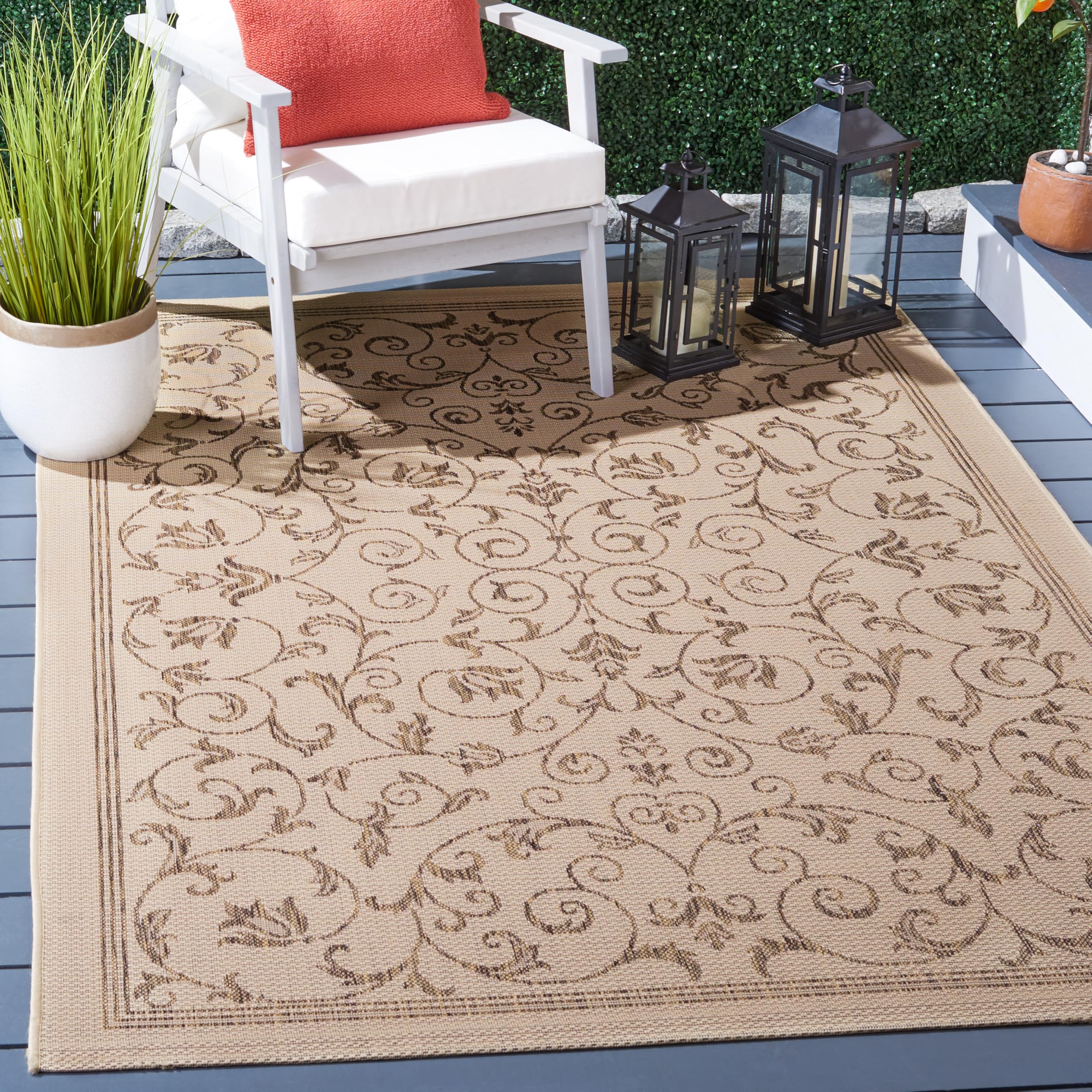 SAFAVIEH Washable Rug Outdoor Courtyard Collection - 5'3" x 7'7", Natural & Brown, Non-Shedding & Easy Cleaning, Ideal for Patio, Backyard, Mudroom (