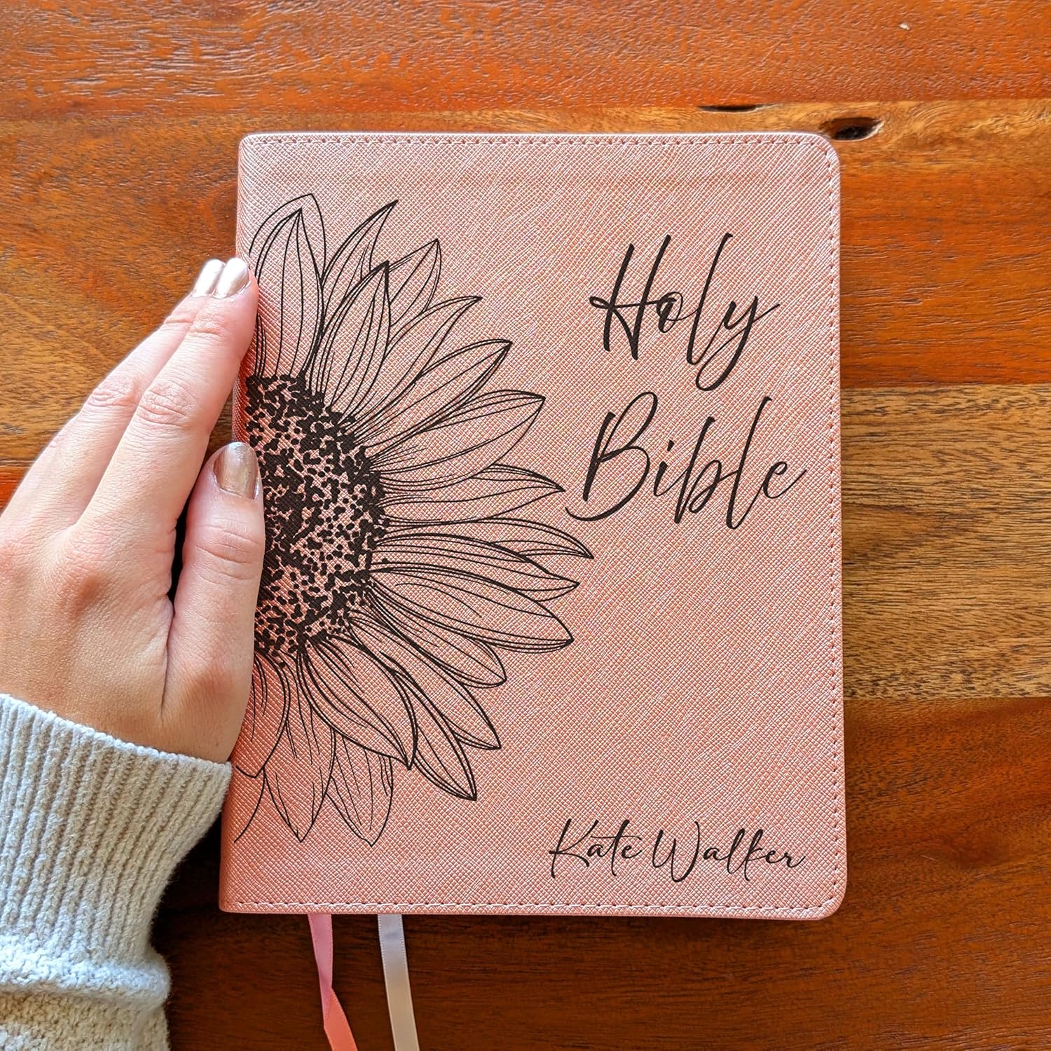 Personalized NIV Beautiful Word Bible – Pink Leathersoft Faux Leather | Custom Name Engraved | Updated Edition with 600+ Full-Color Illustrated Verses, Red Letter & Peel-and-Stick Tabs (Sunflower Holy Bible)