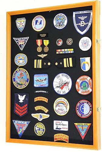 Medallas militares XL, alfiler, parches, insignias, cintas, insignias, banderas, vitrina para gabinete Shadowbox (acabado en madera de roble)