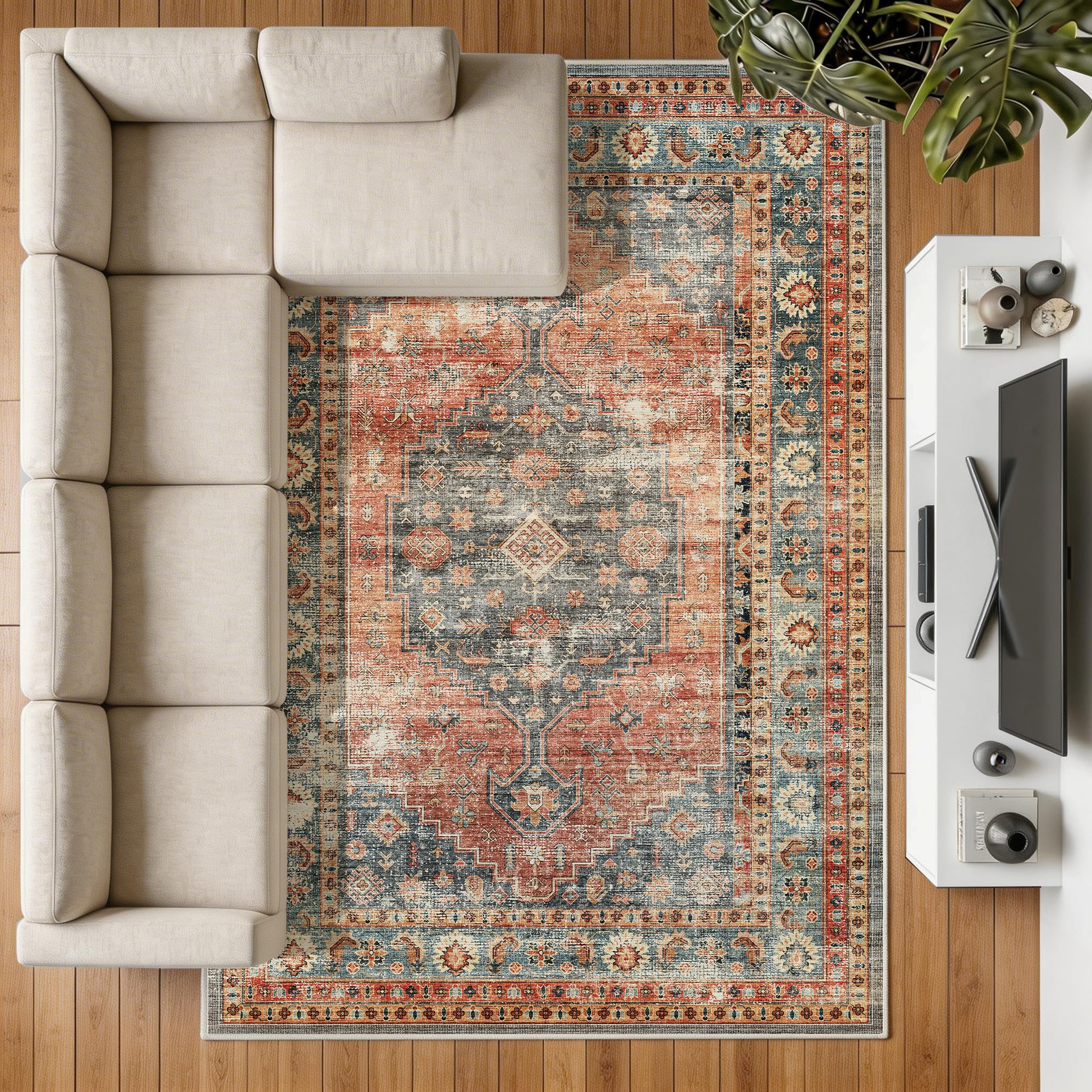 Decoranddecor Distressed Rugs For Bedroom, 200x290cm – Washable, Low Pile, Pet Friendly, Timeless Design Living Room Easy Clean Durable Carpet – Calmere