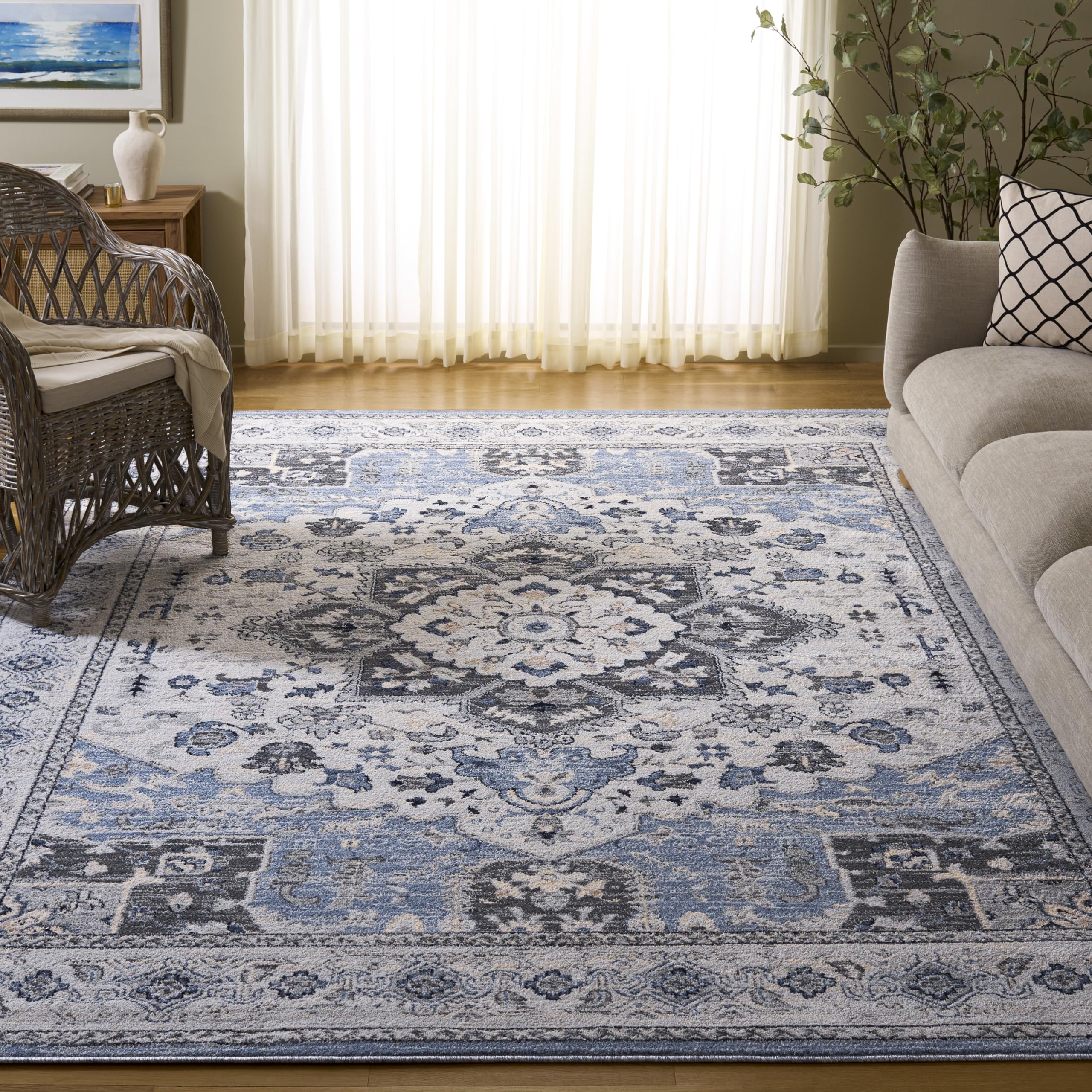 SAFAVIEH Charleston Collection Area Rug - 9' x 12', Blue & Grey, Oriental Medallion Design, Non-Shedding & Easy Care, Ideal for High Traffic Areas in