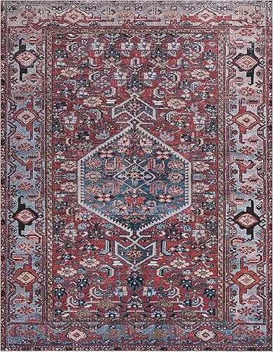 Miniatura 2 de SAFAVIEH Tucson Collection - Alfombra de área de 8 x 10 pies, diseño persa azul y óxido, no desprende pelusa, lavable a máquina y antideslizante,