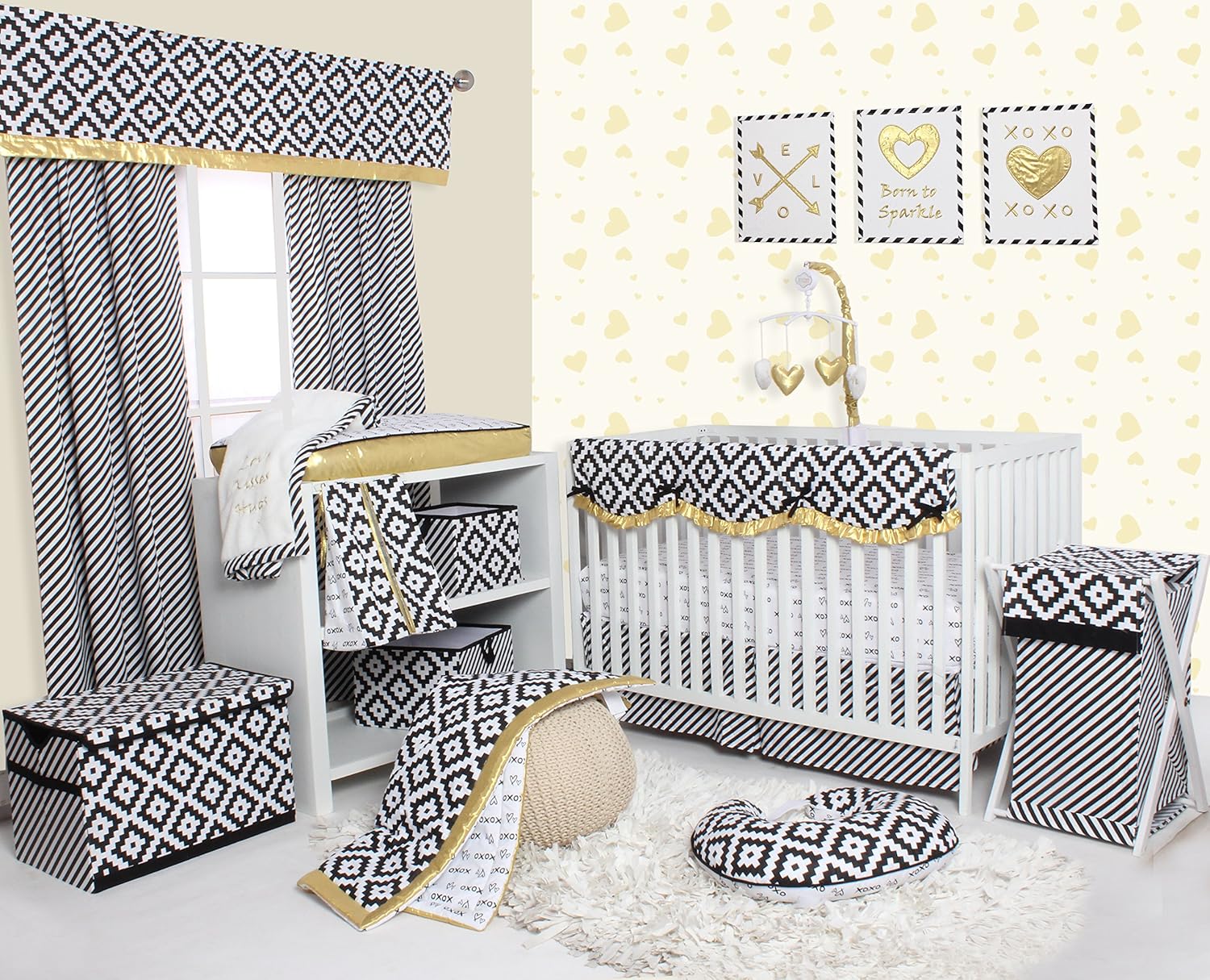 Bacati - Love 100 Percent Cotton Percale Crib Bedding Separates (Patchwork Crib Comforter/Play mat, Black/Gold)