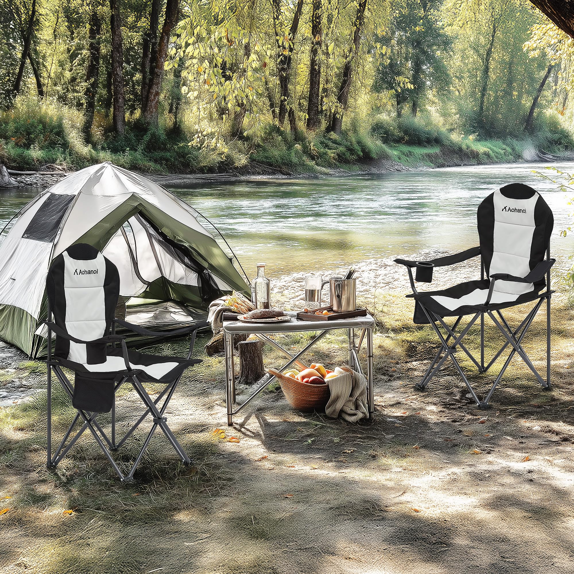Fully Padded Camping Chair, Heavy Duty Quad Fold Arm Chair Support 350 Lbs With Cup Holder, Blue
