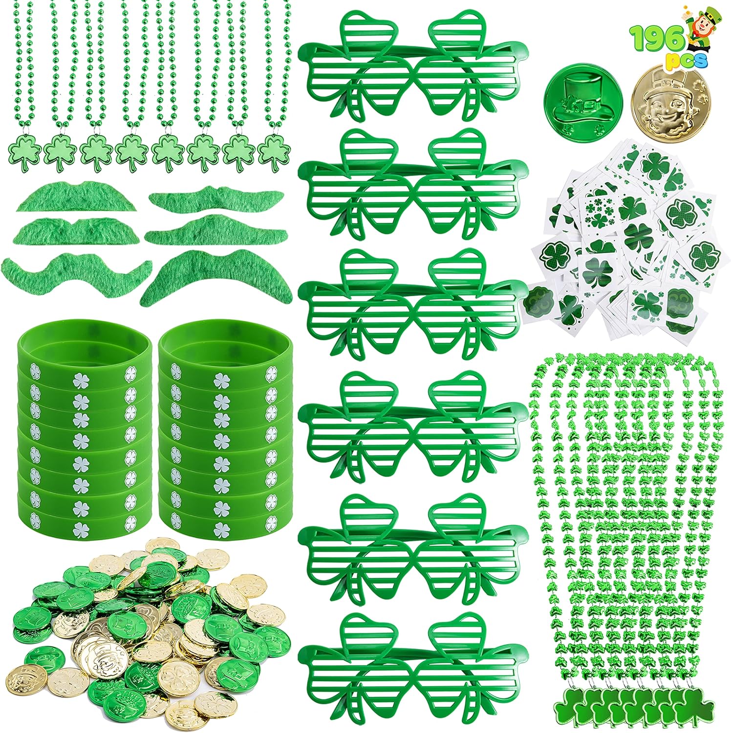 JOYIN 196PCS St.Patrick's Day Party Favor Accessories, 8 Serve Dressing-up Set with 8 Shamrock Necklaces, 8 Bead Necklaces, 16 Bracelets, 72 Coins, 12 Mustache, 72 Temporary Tattoos