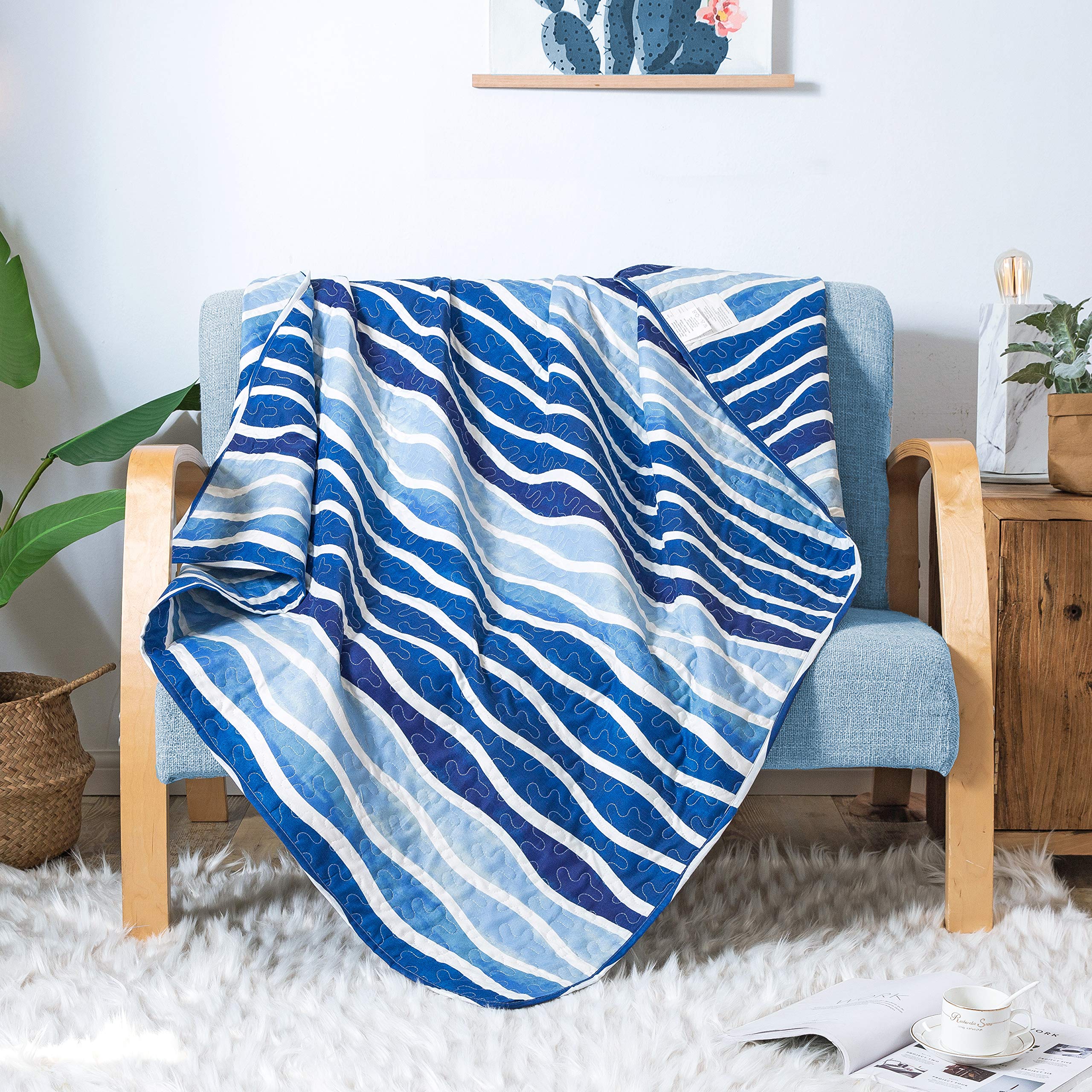 SLPR Blue Wave 50" x 60" Quilted Throw Blanket, Coastal Beach House Throw Quilt for Couch and Bed with Nautical Wave Design, Summer Ocean Lap Quilt with Beachy Theme
