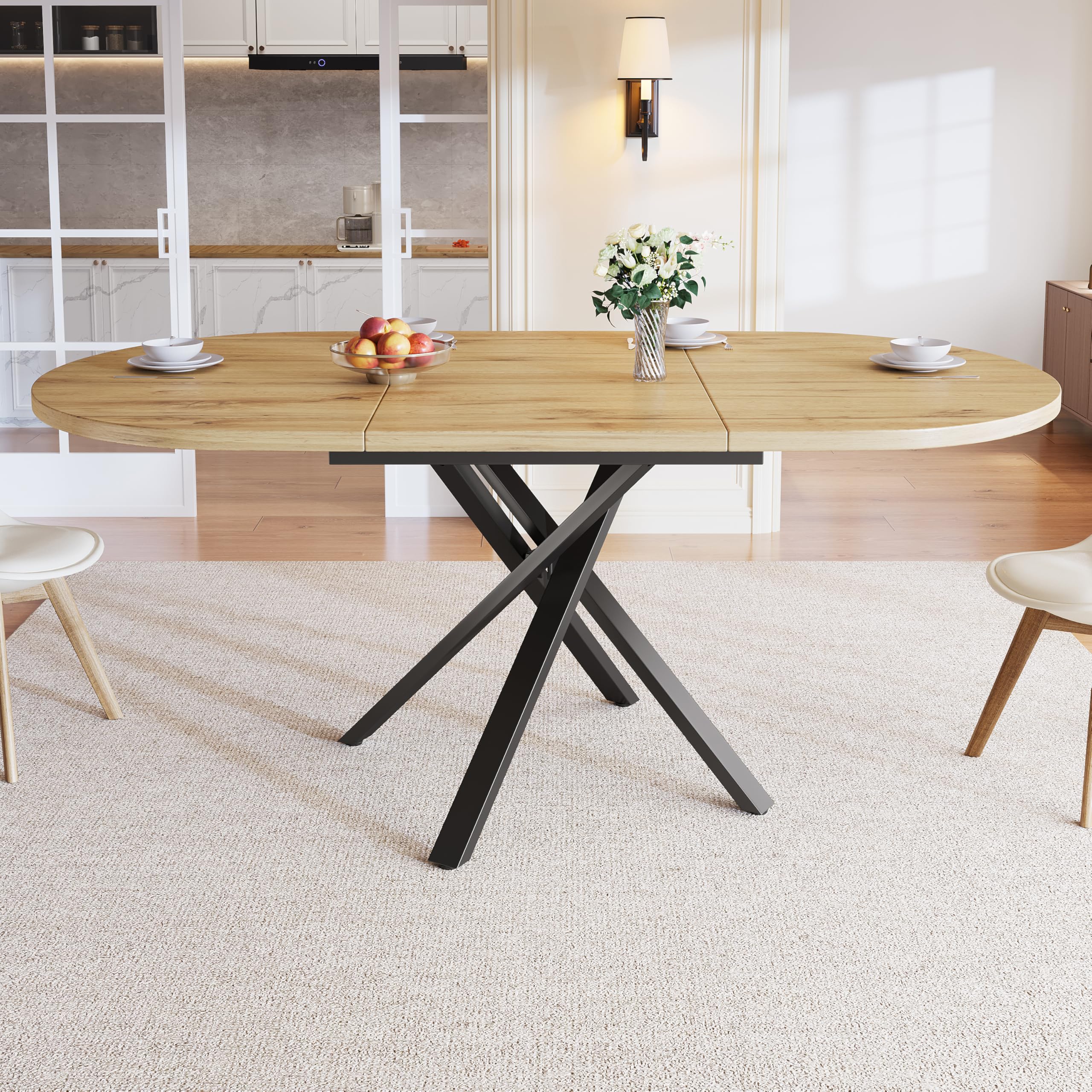 Jaxenor Extendable Dining Table 4-6 Seater, 100-140cm, Round Extending Dining Table with X-Metal Frame, Adjustable Feet, Extends to Oval, Kitchen Table for Living Room, Dining Room, Wood+Black