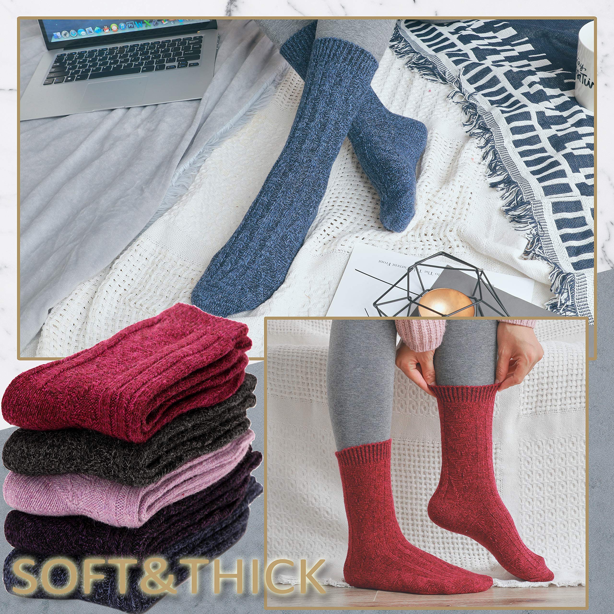 EBMORE Chaussettes Thermiques en Laine de Mérinos pour Femmes Marche Chaudes Épaisses Hiver Confortables Travail Douces Bottes Froides Chaussettes pour Femmes Paquet de 5