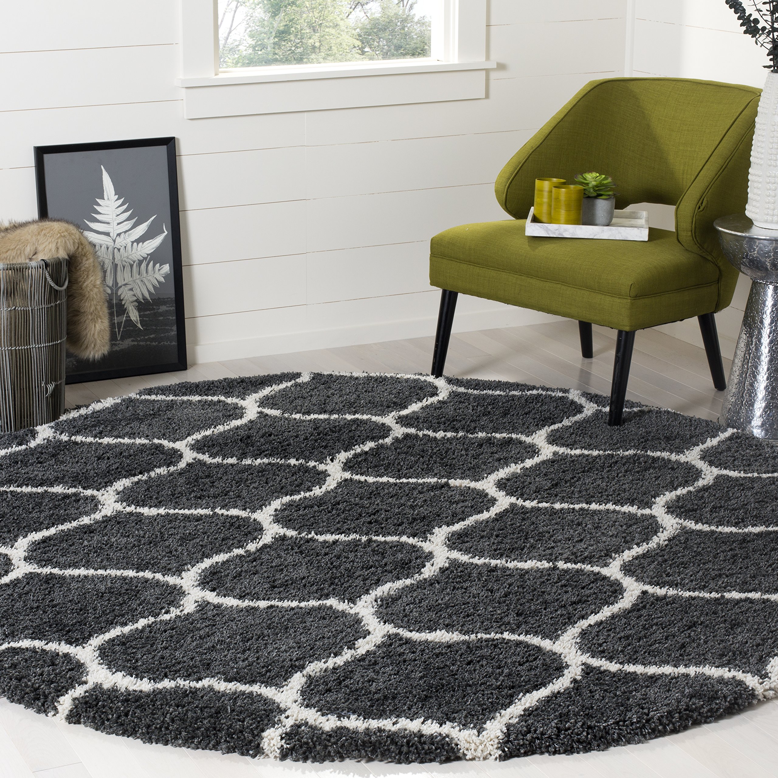 SAFAVIEH Hudson Shag Collection 7' Round Dark Grey/Ivory SGH280G Moroccan Ogee Trellis Non-Shedding Living Room Bedroom Dining Room Entryway Plush 2-inch Thick Area Rug