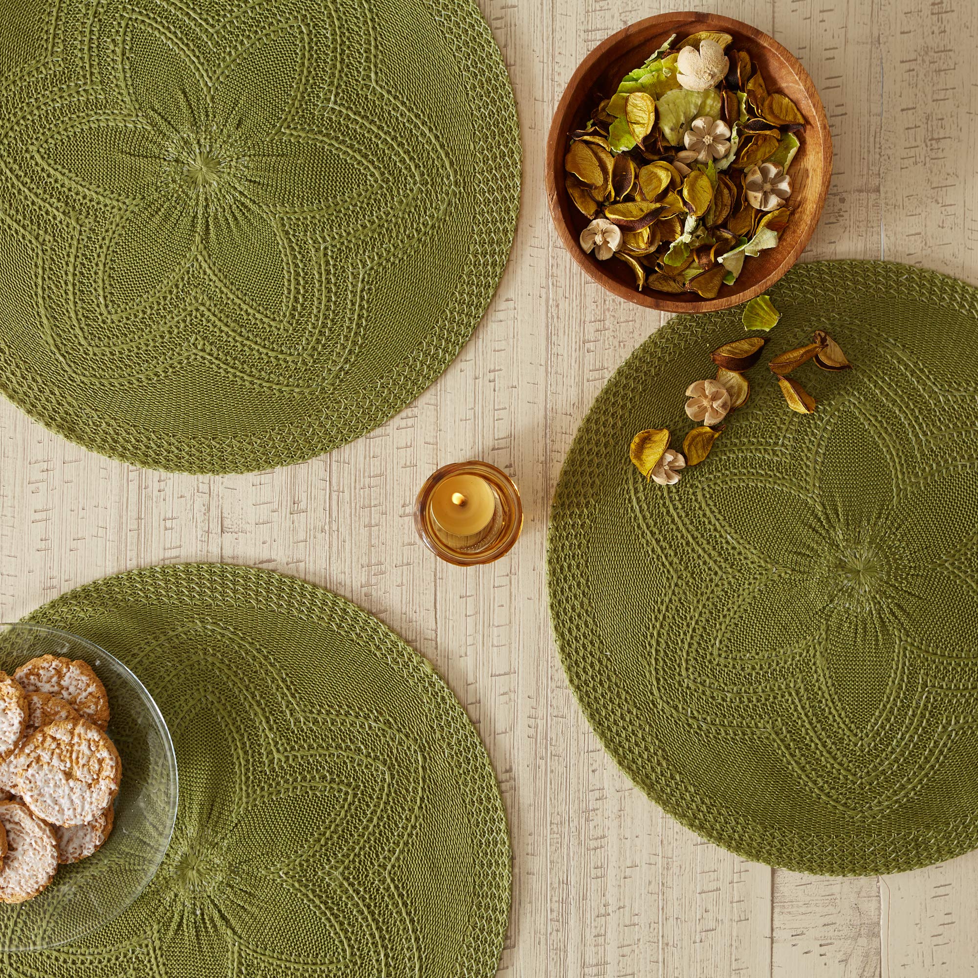 DII Woven Collection Round Braided Floral Placemat Set, 15", Antique Green, 6 Piece