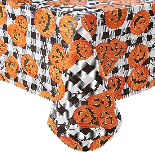 Miniatura 8 de Newbridge Mantel de vinilo con parte trasera de franela de Halloween Jack O Lantern Pumpkin Farm, diseño de calabazas y murciélagos negros con