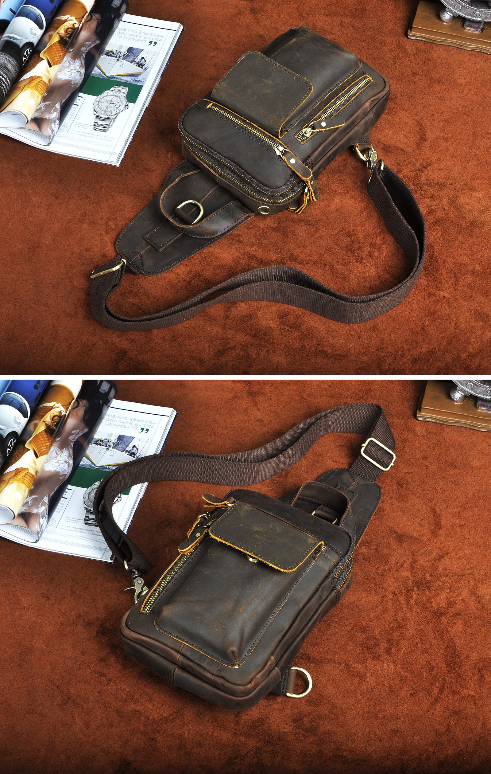 Le'aokuu Herren Echtes Leder Brusttasche Crossbody Bag Sling Bag Schultertasche Gurteltasche Umhängetasche Rucksack Brustbeutel Für Outdoor Sport Reisen