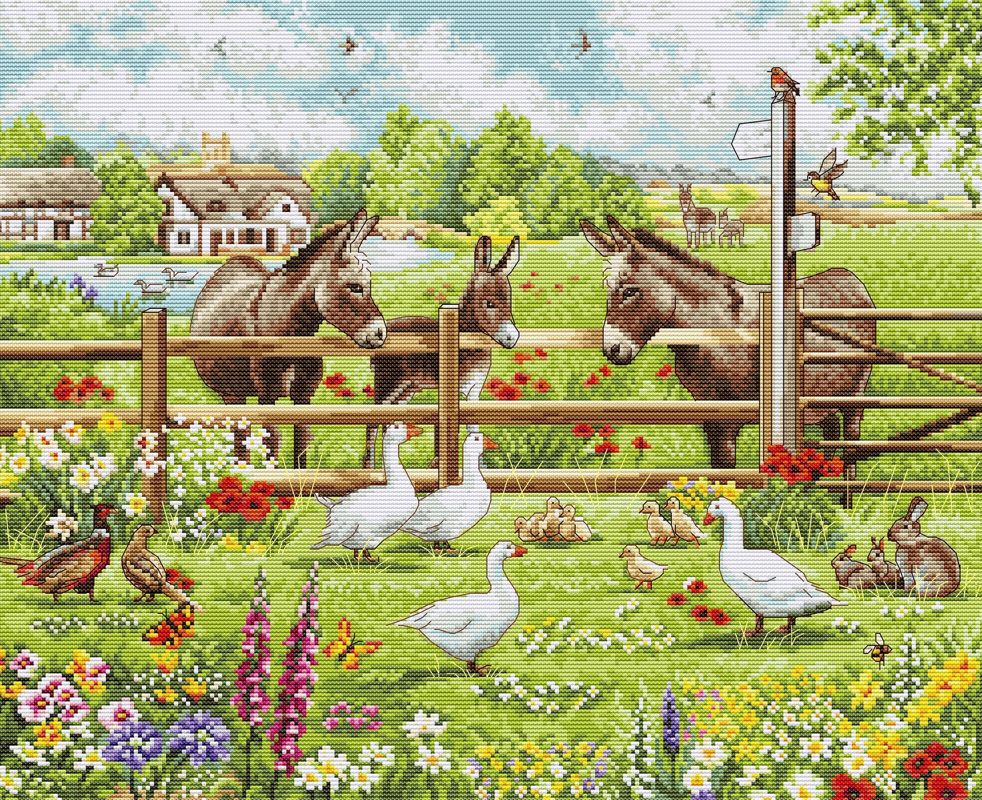 Luca-S Cross Stitch Kit Donkeys' Yard, BU5087, Counted Cross Stitch Kit for Adults, Needlecraft and Embroidery Kit