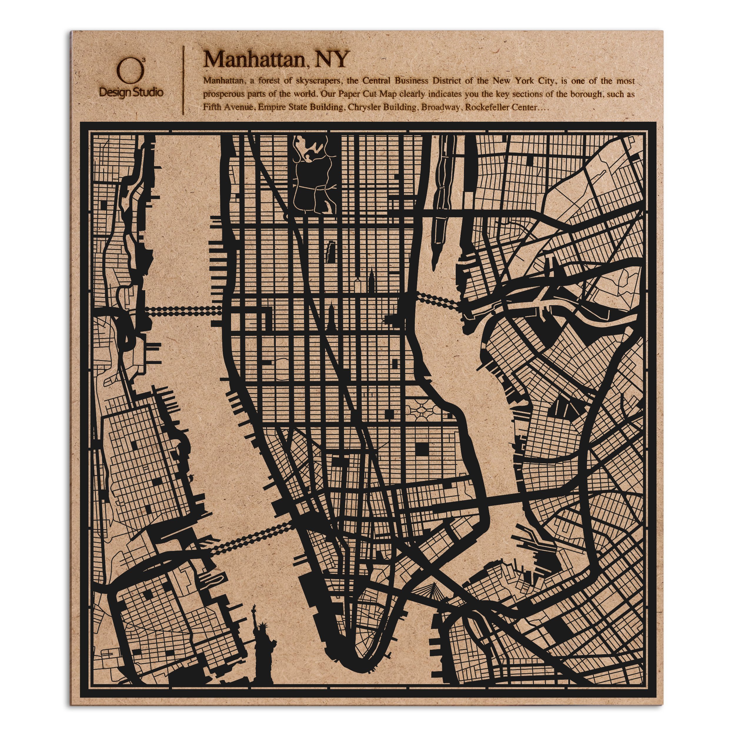 O3 Design Studio Manhattan, NY. Paper Cut Map Black 12x12 inches Paper Art