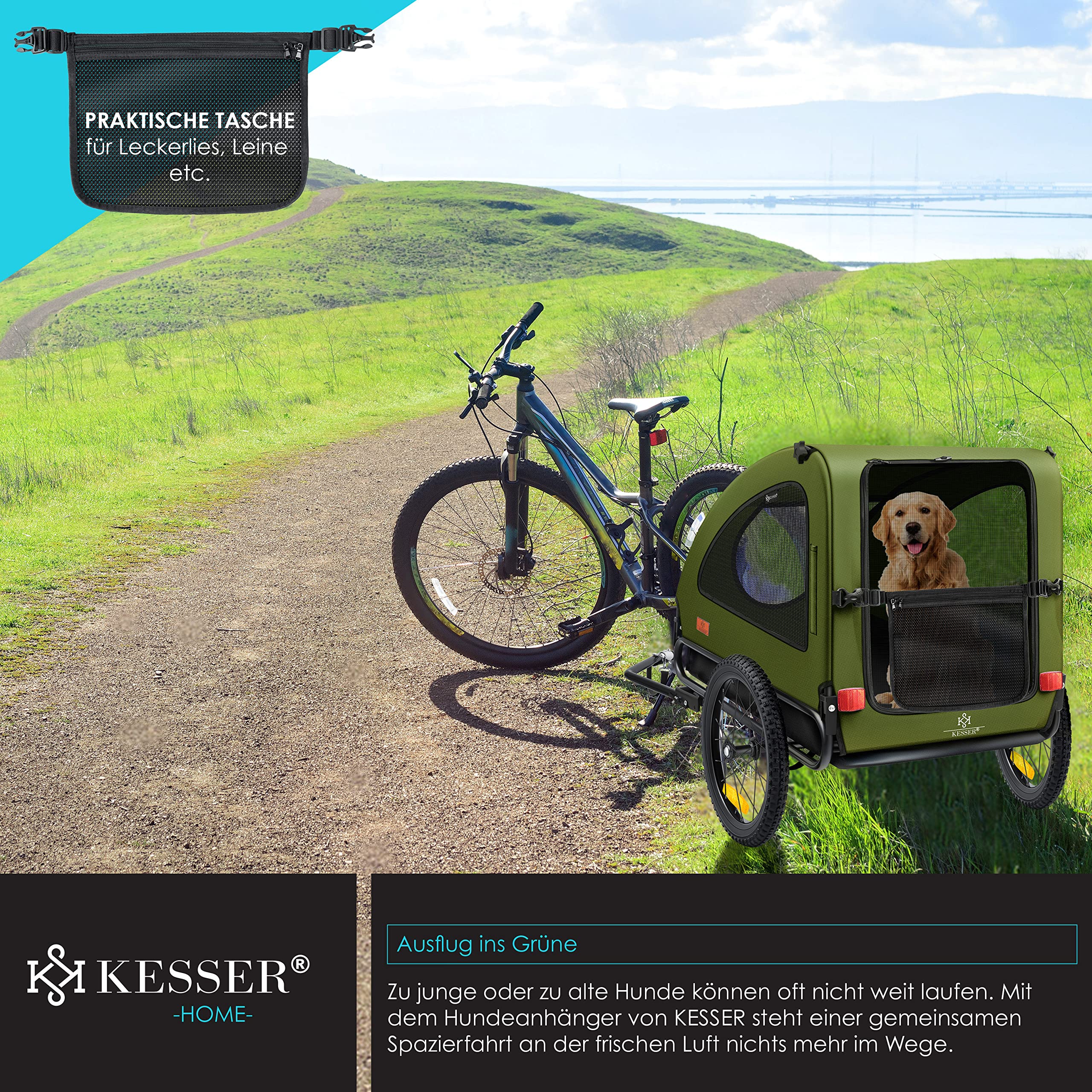 KESSER® Rimorchio per Cani 2in1, Carrello per Bicicletta, 250L circa di Volume, incl. Bandierina e Borsa, Pieghevole, SmartSpace Concept, Massima Capacità di Carico - 45 kg