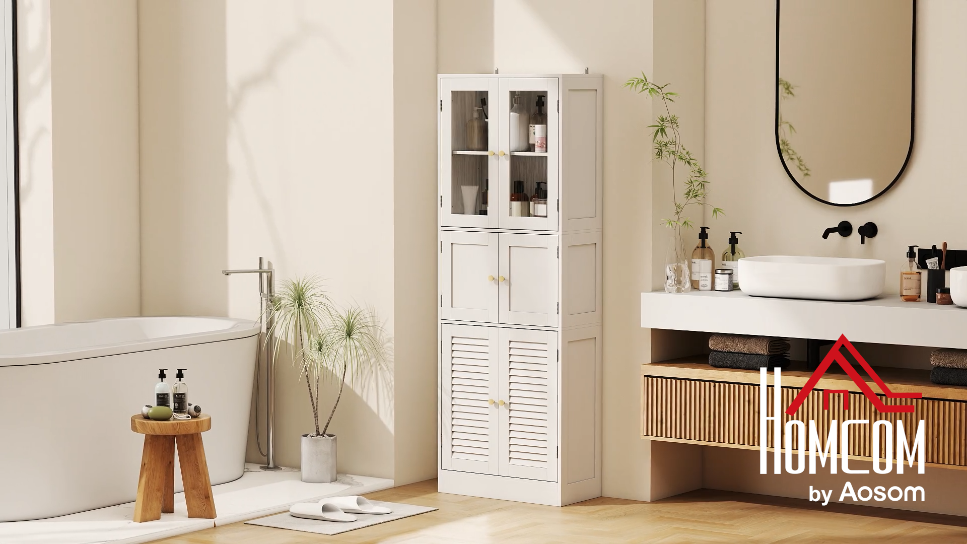 Armario Alto De Baño HOMCOM - 60x30x170 Cm, Blanco, Con Puertas De Cristal Y Estantes Ajustables