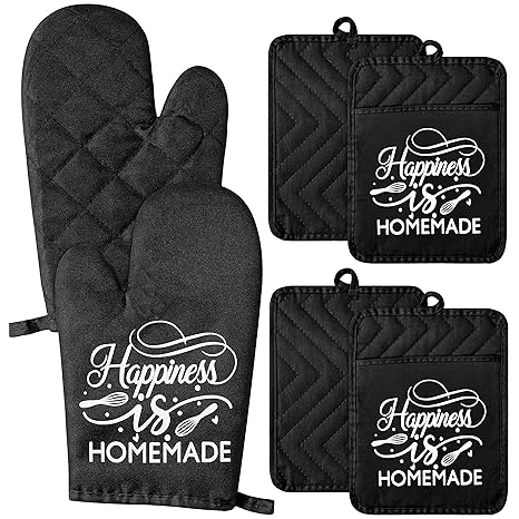 GROBRO7 6Pcs Funny Oven Mitts Pot Holders Set Happiness is Homemade Heat Resistant Hot Pads Machine Washable Gloves Durable Pocket Pot Holder with Hanging Loop for Safe Kitchen Baking Cooking Grilling