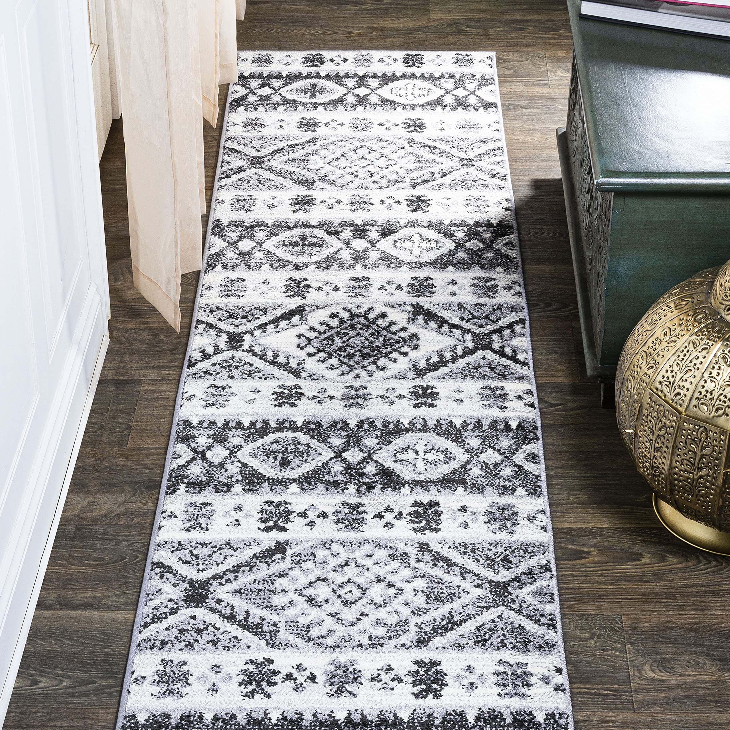 JONATHAN Y MOH500A-210 Sura Modern Kilim Geometric Indoor Area Rug Bohemian Vintage Farmhouse Easy Cleaning Bedroom Kitchen Living Room Non Shedding, 2 X 10, Gray/Anthracite