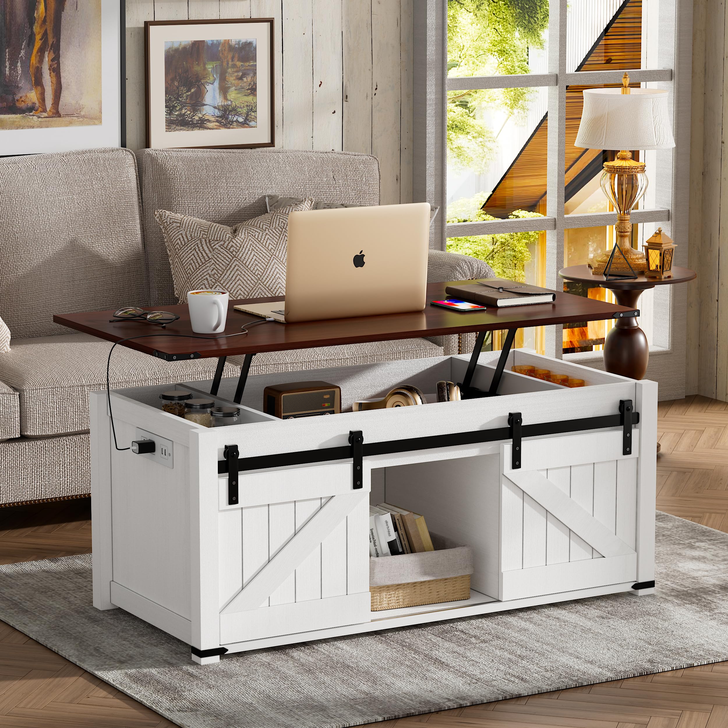 PAKASEPT Lift Top Coffee Table with Storage,Farmhouse Coffee Table with Sliding Groove Doors,Rustic Coffee Tables,Center Table for Living Room,White