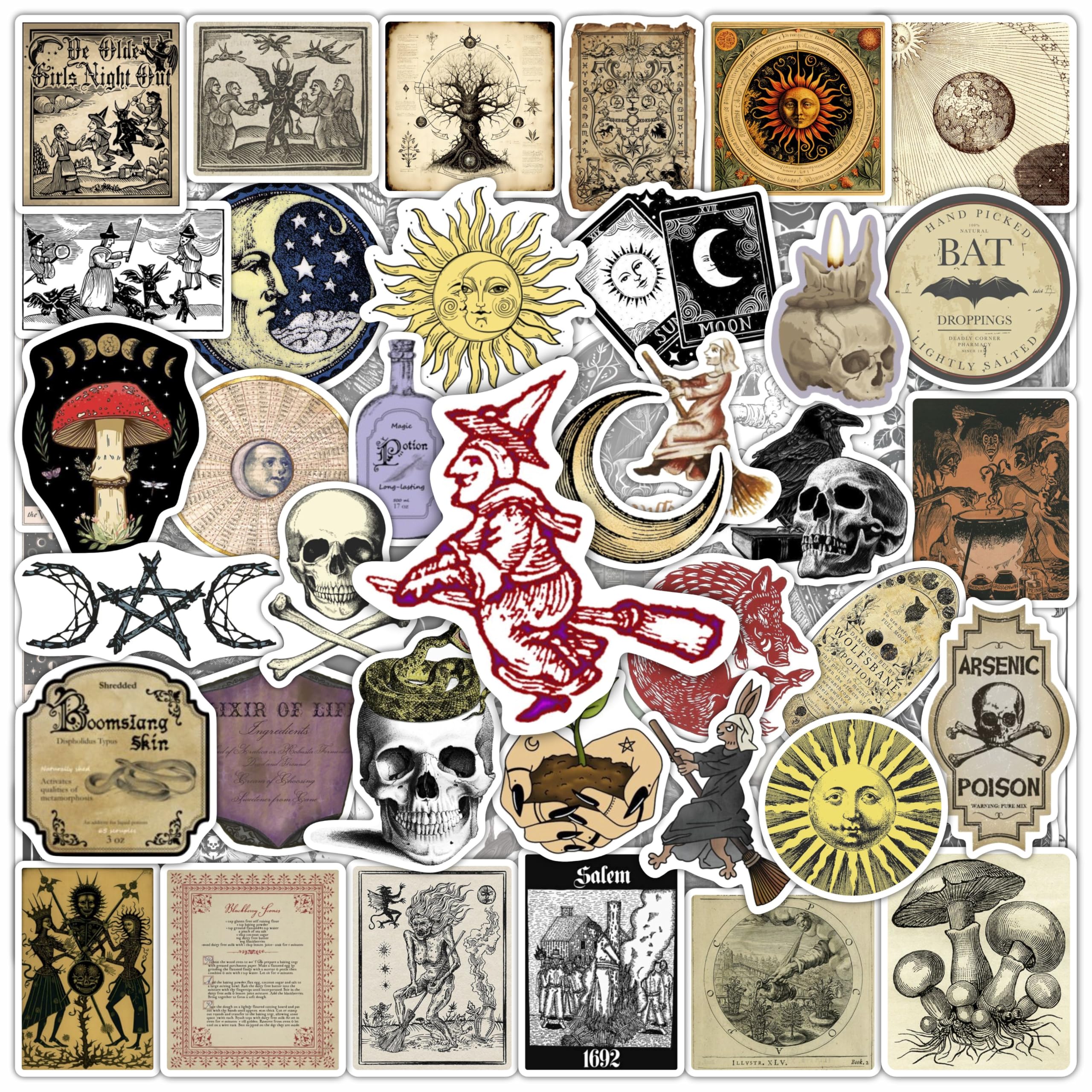 BulbaCraft Medieval Witch Stickers for Water Bottle and Laptop - Witchcraft Party Favors & Decorations, Waterproof Vinyl Magical Decals, Gifts for