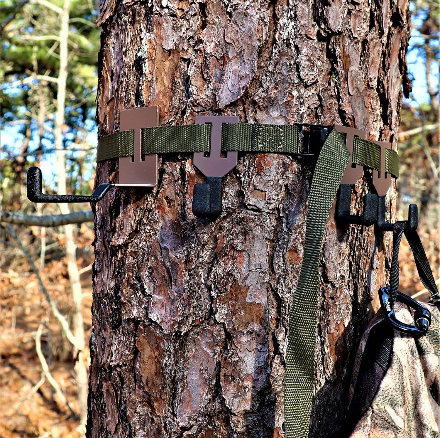 bwd Bow/Gear Combo Hanger - Ultimate Bow Hanger & 3 Wide Gap Gear Hangers - No Wobble, Lasts a Lifetime - 300 lb Capacity - Tree Mount - Minimalist Style
