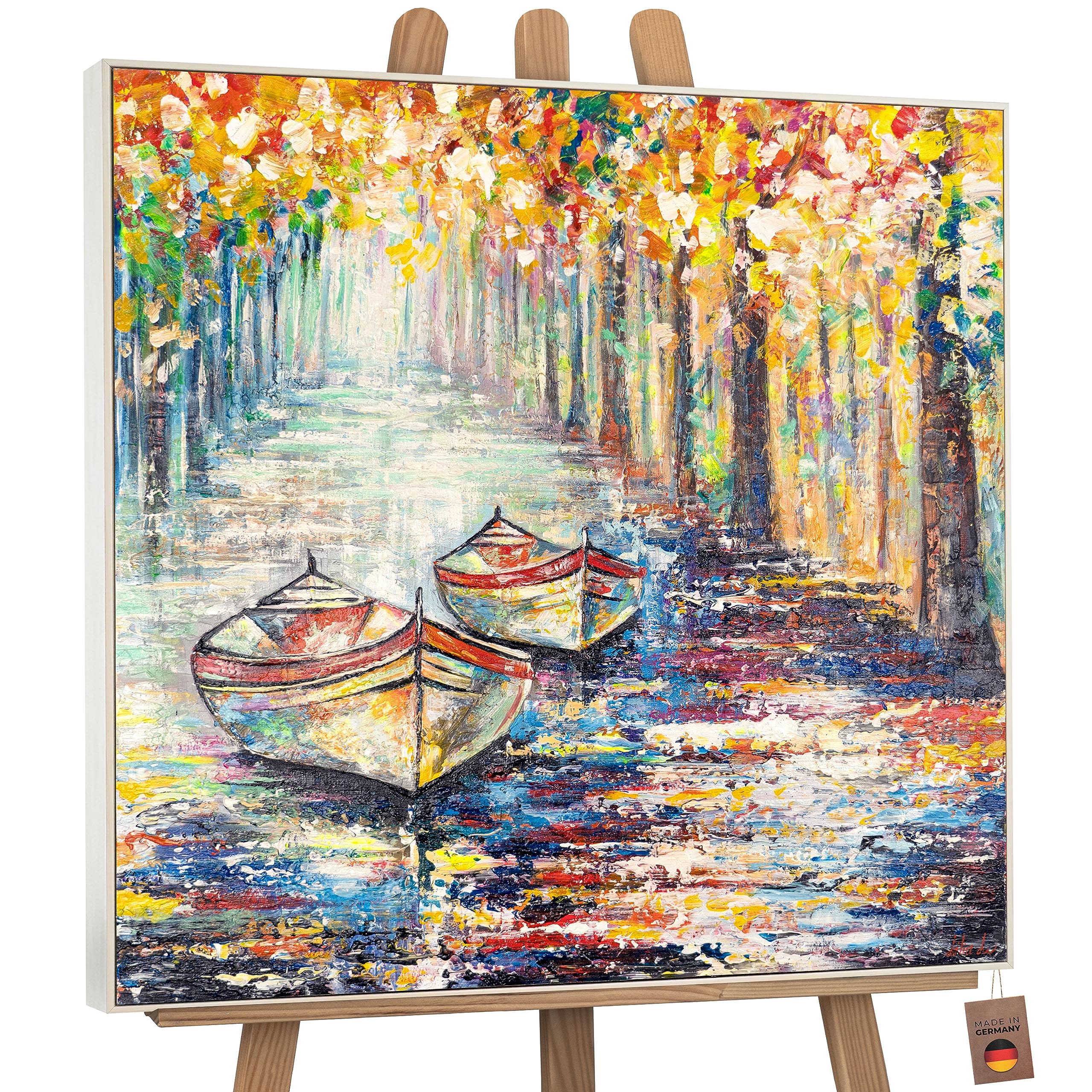 YS-Art Pintura abstracta sobre lienzo en acrílico Muelle de otoño Cuadros contemporáneos río con una barca Paisaje acogedor con marco 100x100 cm