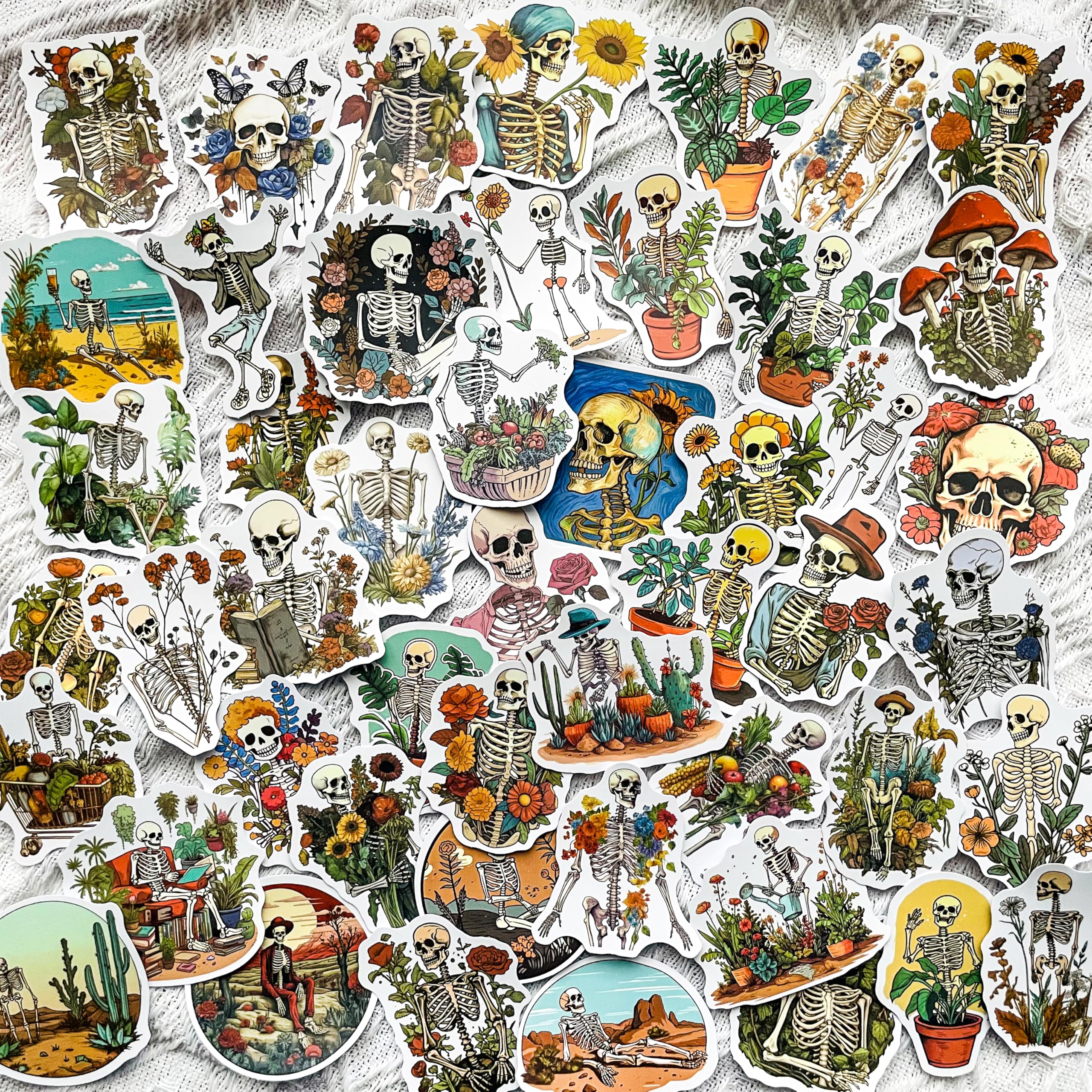 50-Piece Aesthetic Skeleton Plant Stickers – Waterproof Vinyl Floral Skull Decals for Laptop, Water Bottle, Scrapbook, Journal, Bumper – Cute Goth