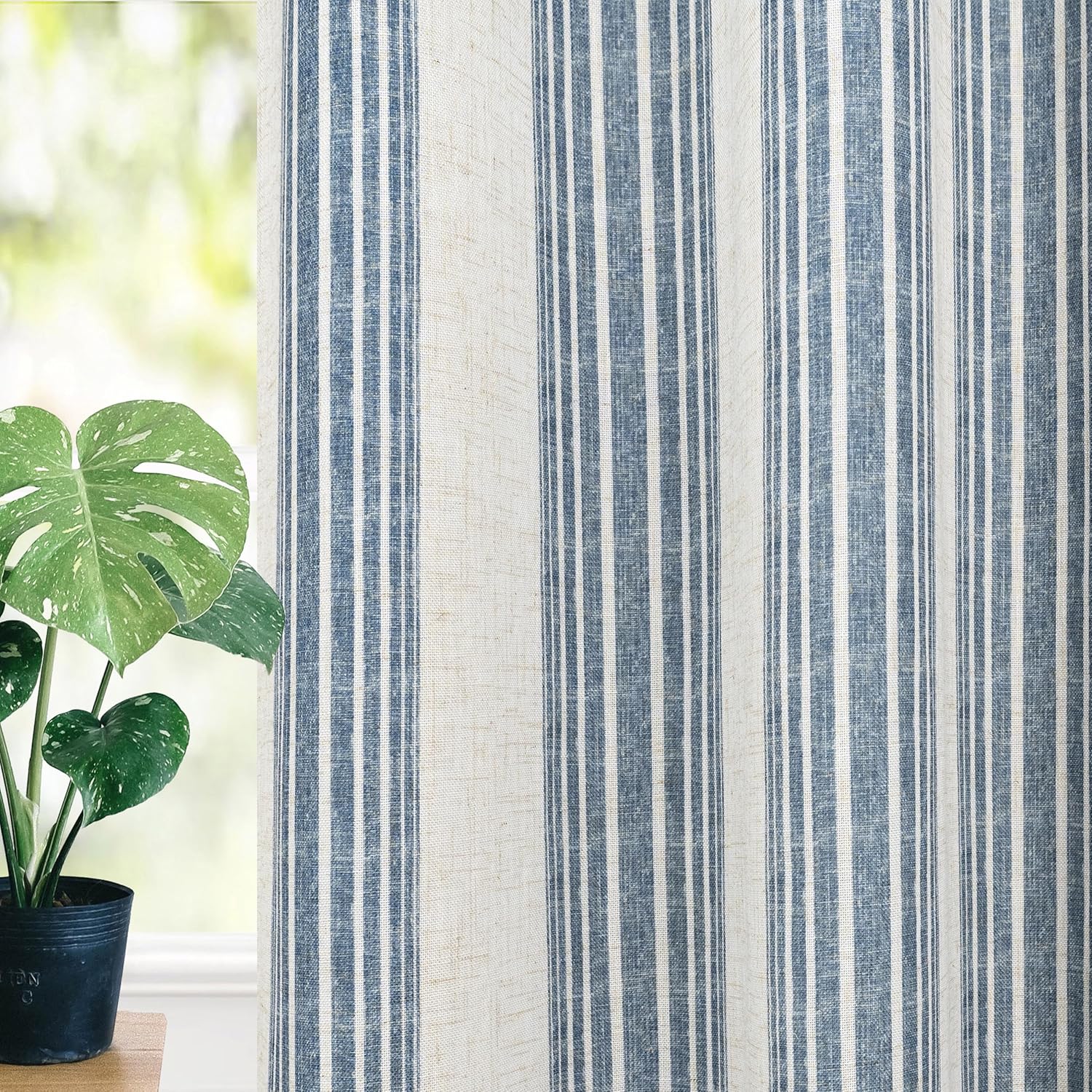 DriftAway Chris Linen Blackout Curtains with Thermal and Sound Reducing Layer 54 Inches Long for Bedroom Striped Printed Drapes Thermal Insulated Lined Window Treatments for Living Room Jean Navy Jean Navy Grommet/Vertical Striped 52"W x 54"L (Pack of 2)