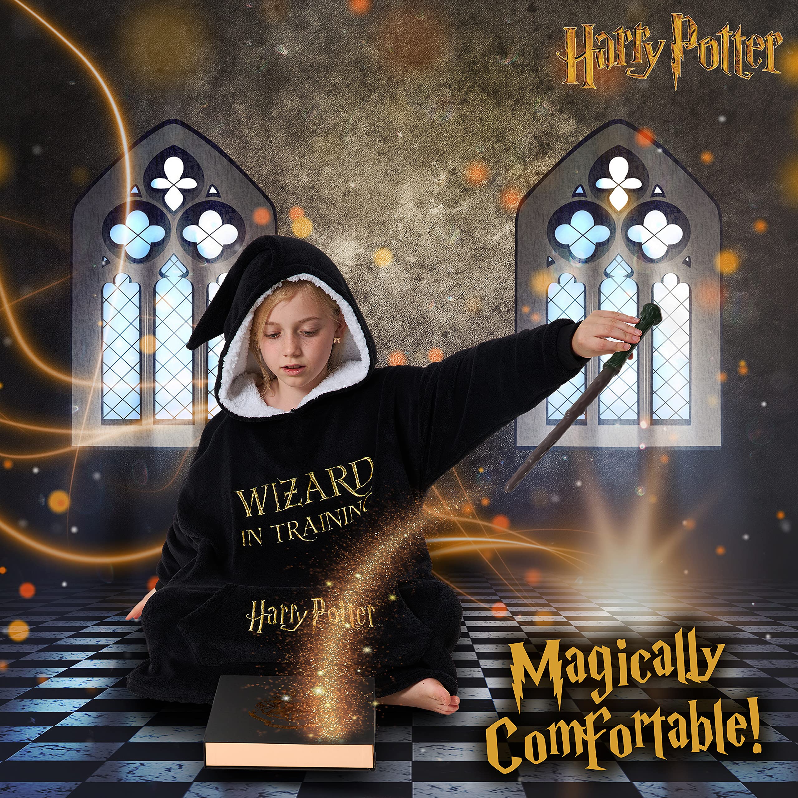 Harry Potter Bluza z kapturem dla dziewczyn, polarowy koc z kapturem oversize 7-14 lat czarny