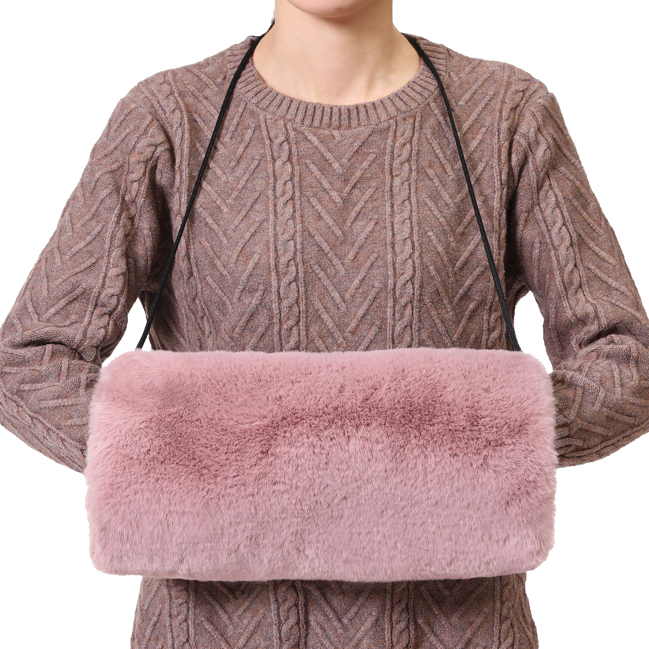Rulala Fancy Faux Fur Hand Muffs for Women Winter Warm Arm and Hand Warmer with PU Leather Strap Include Pockets