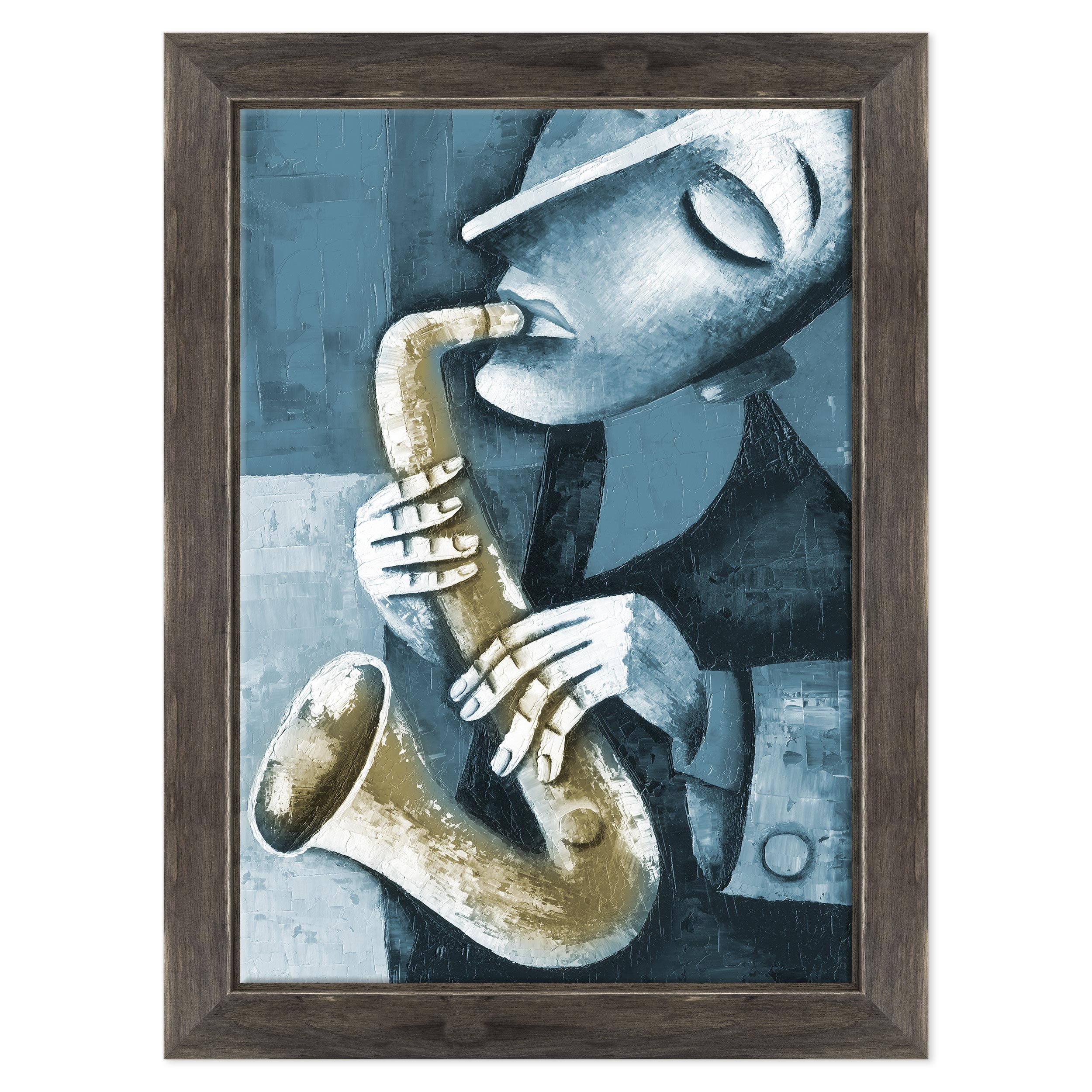 Cuadro sobre lienzo enmarcado – con marco – Música Jazz Saxofón – Ilustración dibujo efecto óleo pintado – 70 x 100 cm – Estilo Country negro Shabby – (cód. 1167)