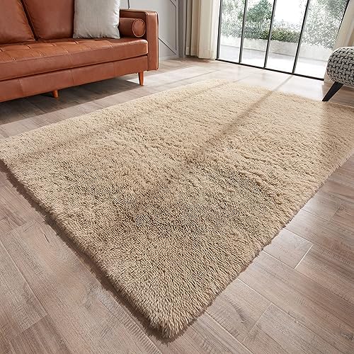 GKLUCKIN Inddor Fluffy Soft Rugs, 5'x7' Comfy Rugs Shaggy Living Room Bedroom Area Rugs Anti-Skid Plush Tan Rugs Cozy Furry Rugs for Kids Room Nursery Rugs