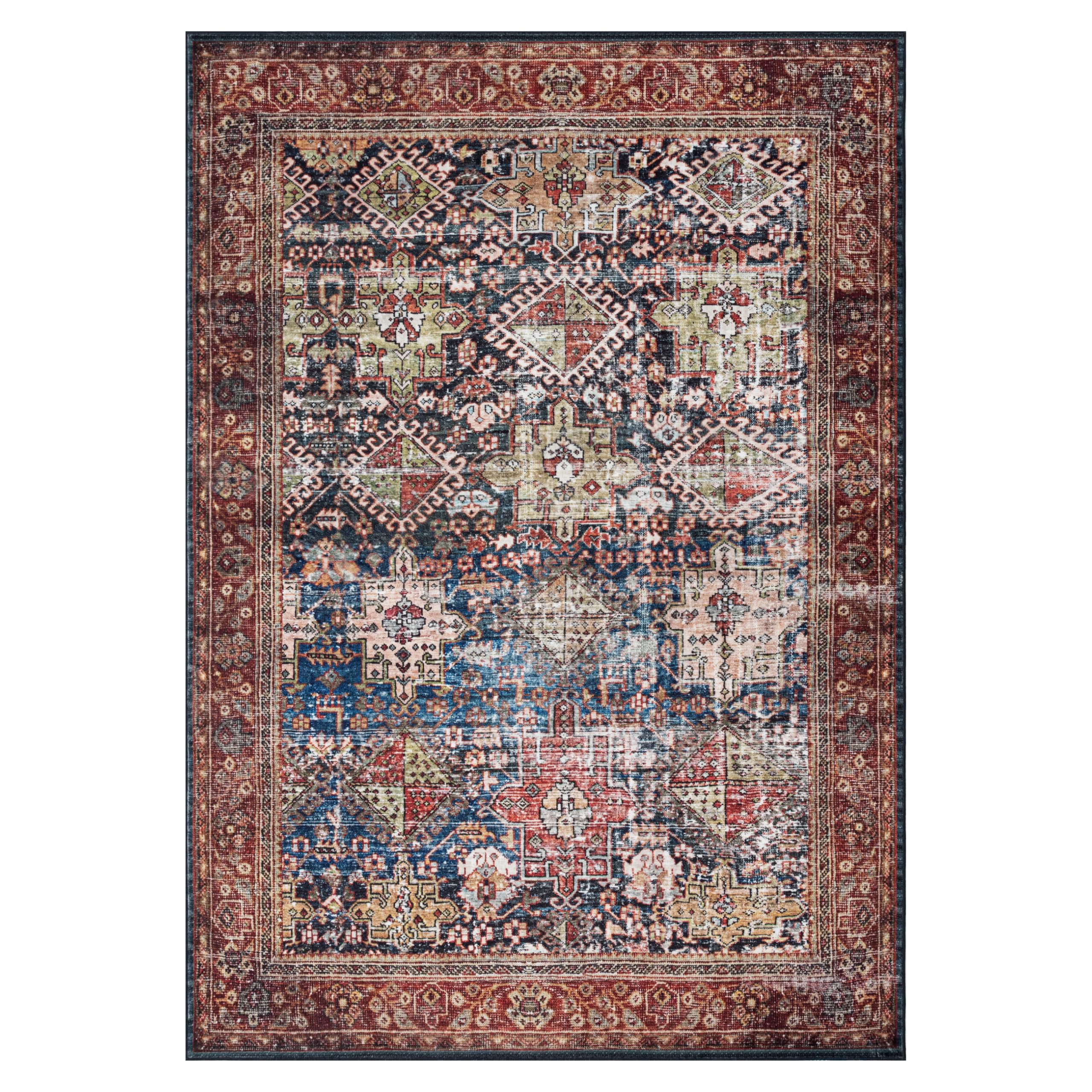 TAPISO Ispahan Tapis Oriental Classique Persan Vintage Motif Médaillon - Tapis Imprimé avec Antidérapant Bleu Foncé Rouge Rouille Salon Chambre Oeko-Tex 200 x 300 cm