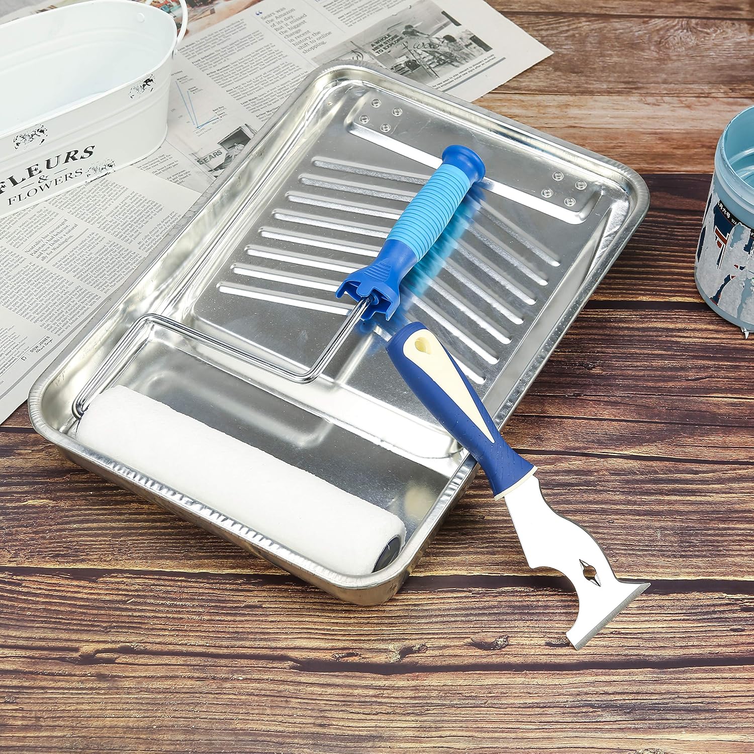 PANCLUB Painter Tools 7-in-1,2 pcs I Straight Scraper, Curved Scraper, Paint Roller Cleaner, Can Opener, Gouger, Nail Puller, Screwdriver