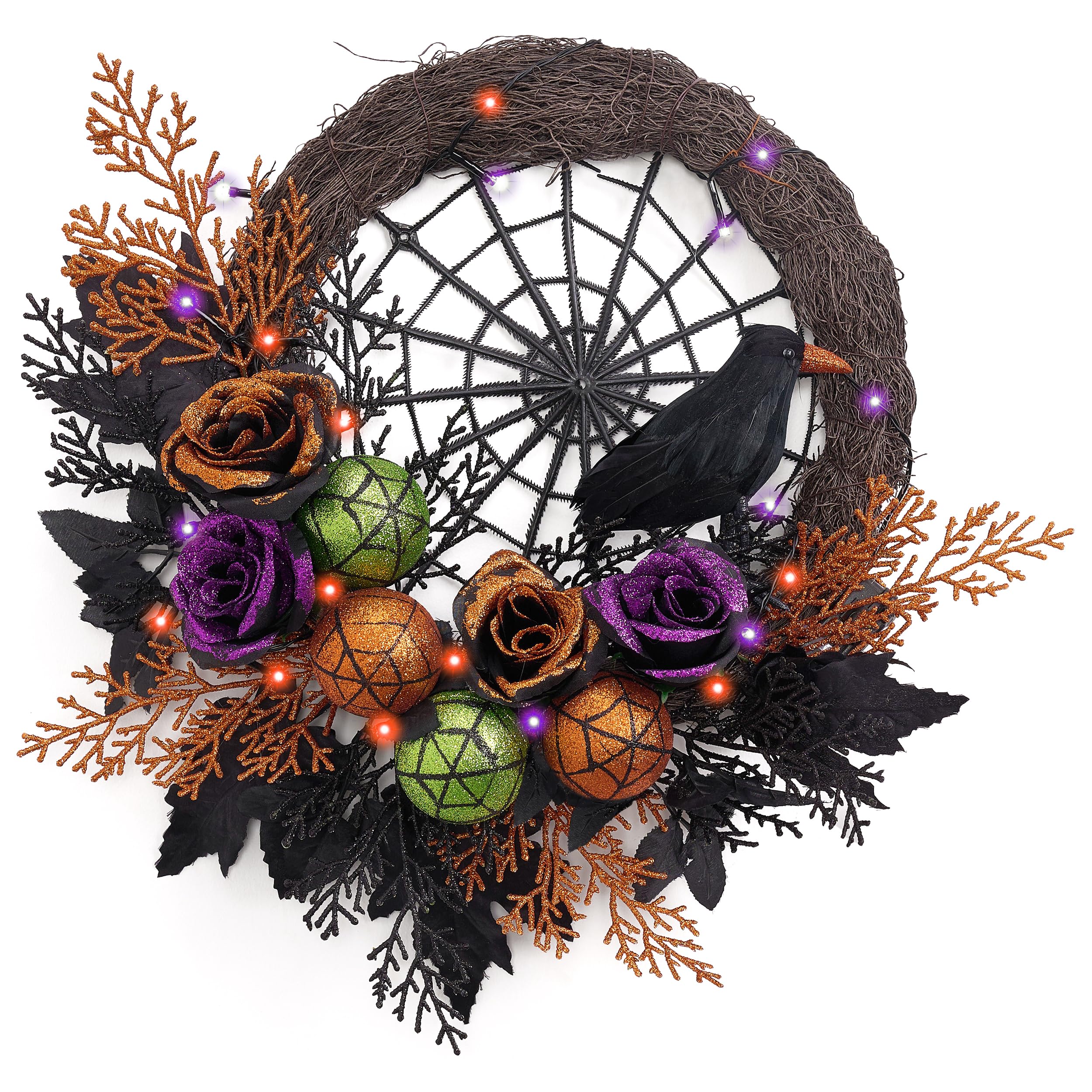 Valery Madelyn Corona de Halloween para puerta delantera con luces, 18 pulgadas, rosas preiluminadas, cuervo, telarañas, adornos de bolas, corona, decoraciones de Halloween para el hogar, centro de