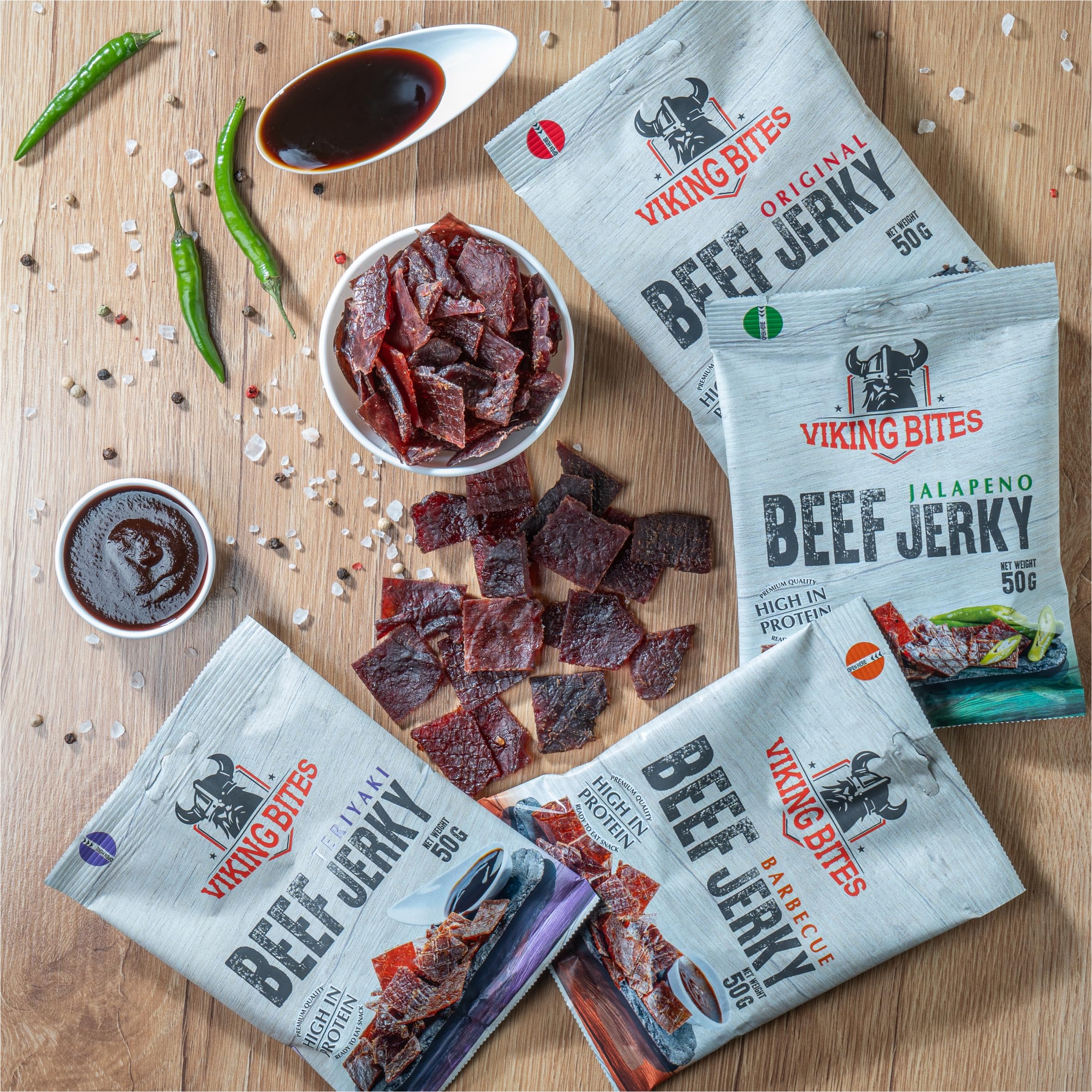 Viking Bites Beef Jerky Mixed box 400 g (8 x 50 g) – 2x Original, 2x Jalapeno, 2x Barbecue, 2x Teriyaki – Manzo essiccato – Snack a base di carne con alto contenuto proteico