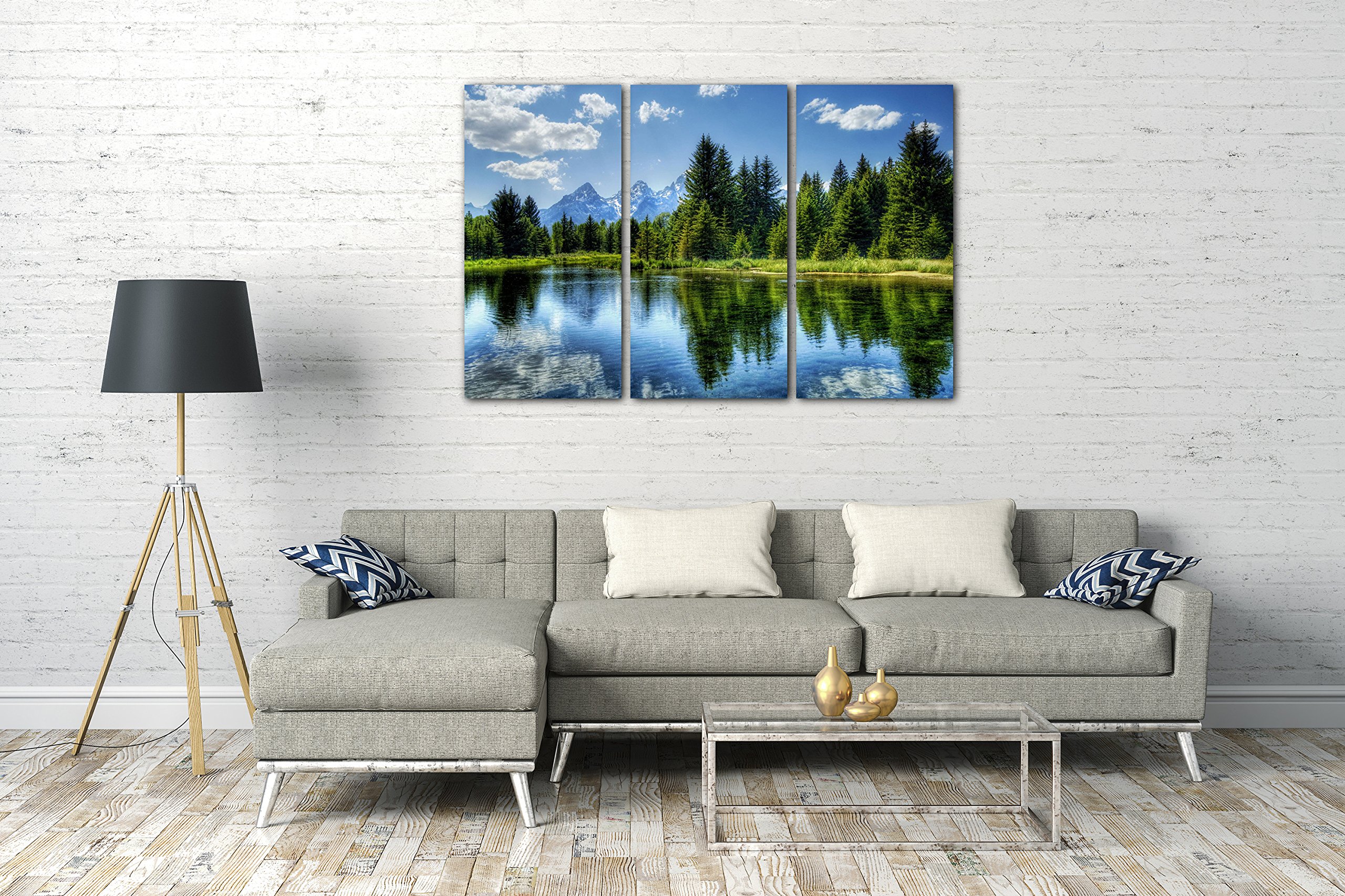 Printed Paintings Leinwand 3-teilig(120x80cm): Landschaftsbilder grüner Wald, dahinter Berge, SPI